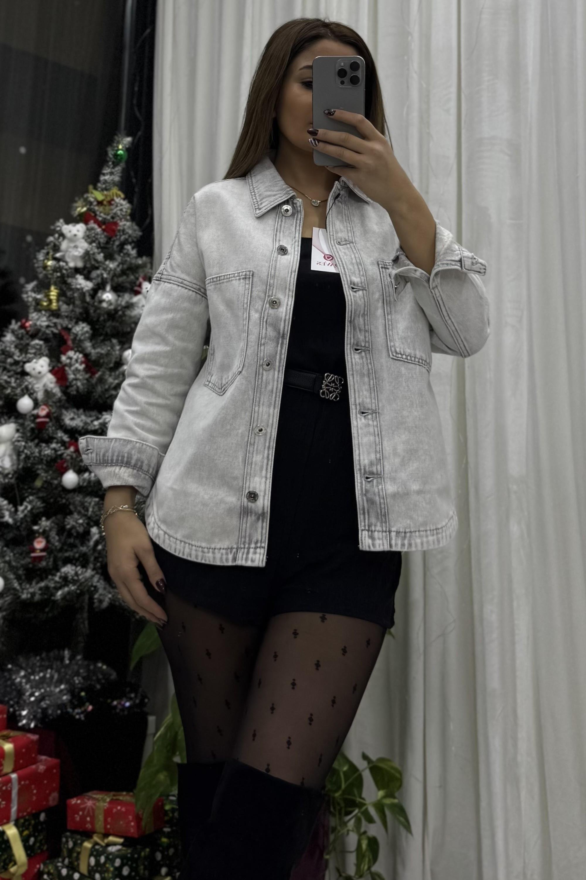 Cepli Yırtmaç Detaylı Oversize Denim Ceket-Gri