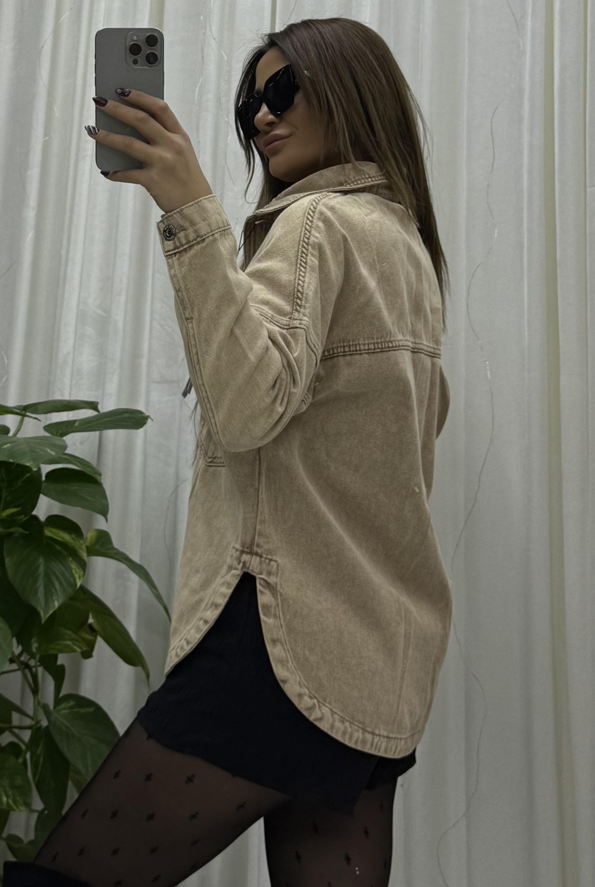 Cepli Yırtmaç Detaylı Oversize Denim-Ceket-Taba