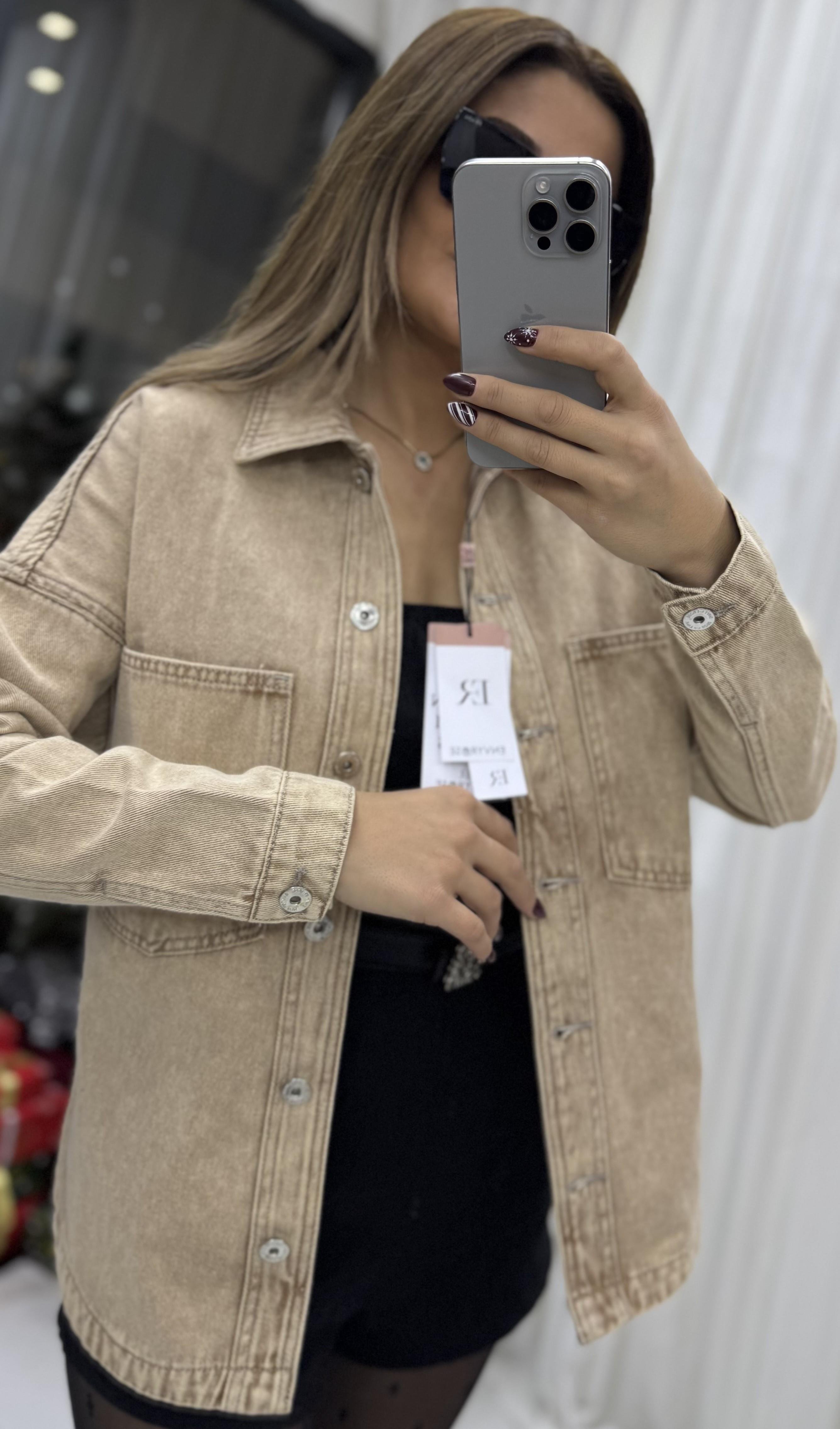 Cepli Yırtmaç Detaylı Oversize Denim-Ceket-Taba
