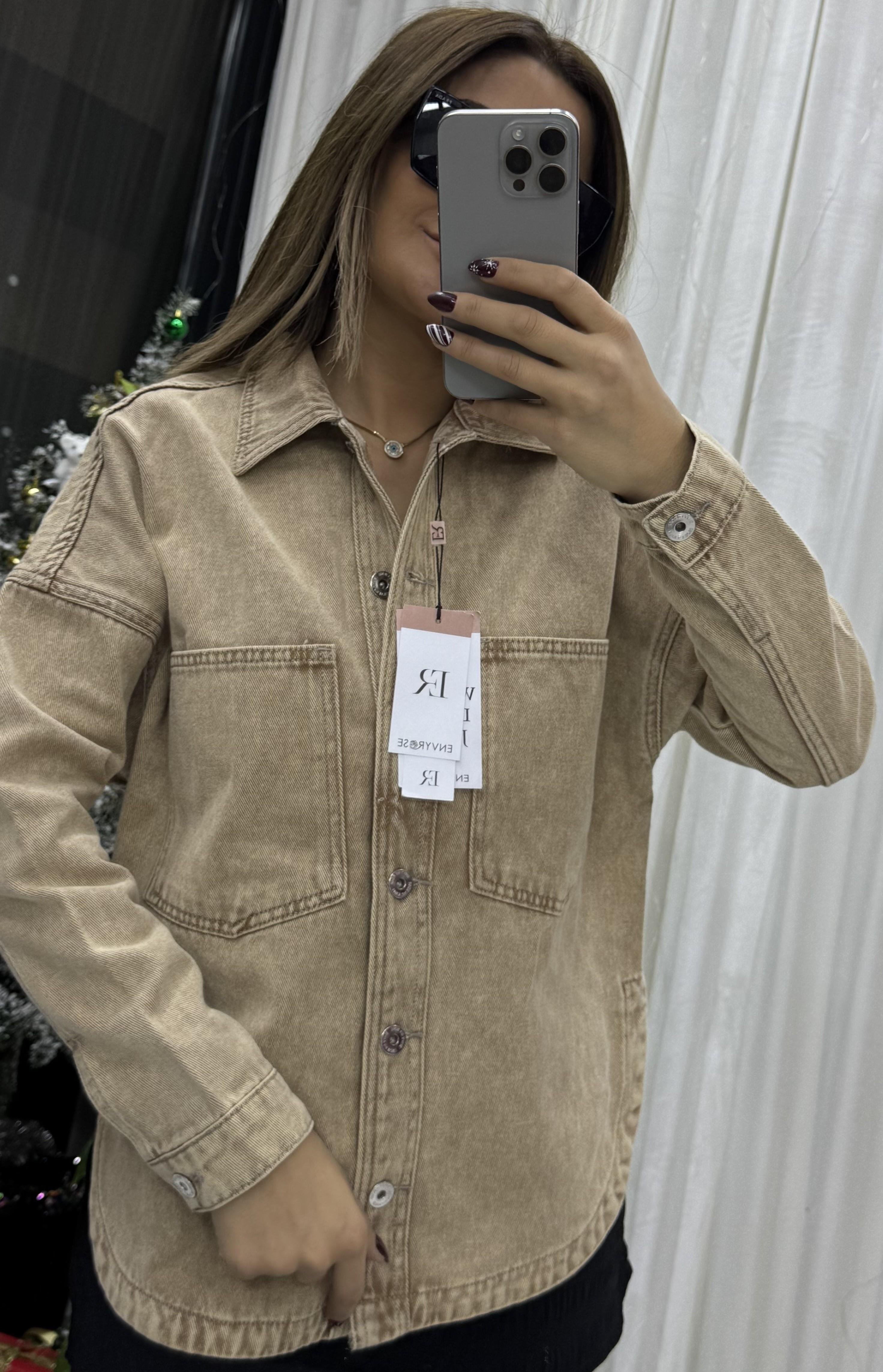 Cepli Yırtmaç Detaylı Oversize Denim-Ceket-Taba