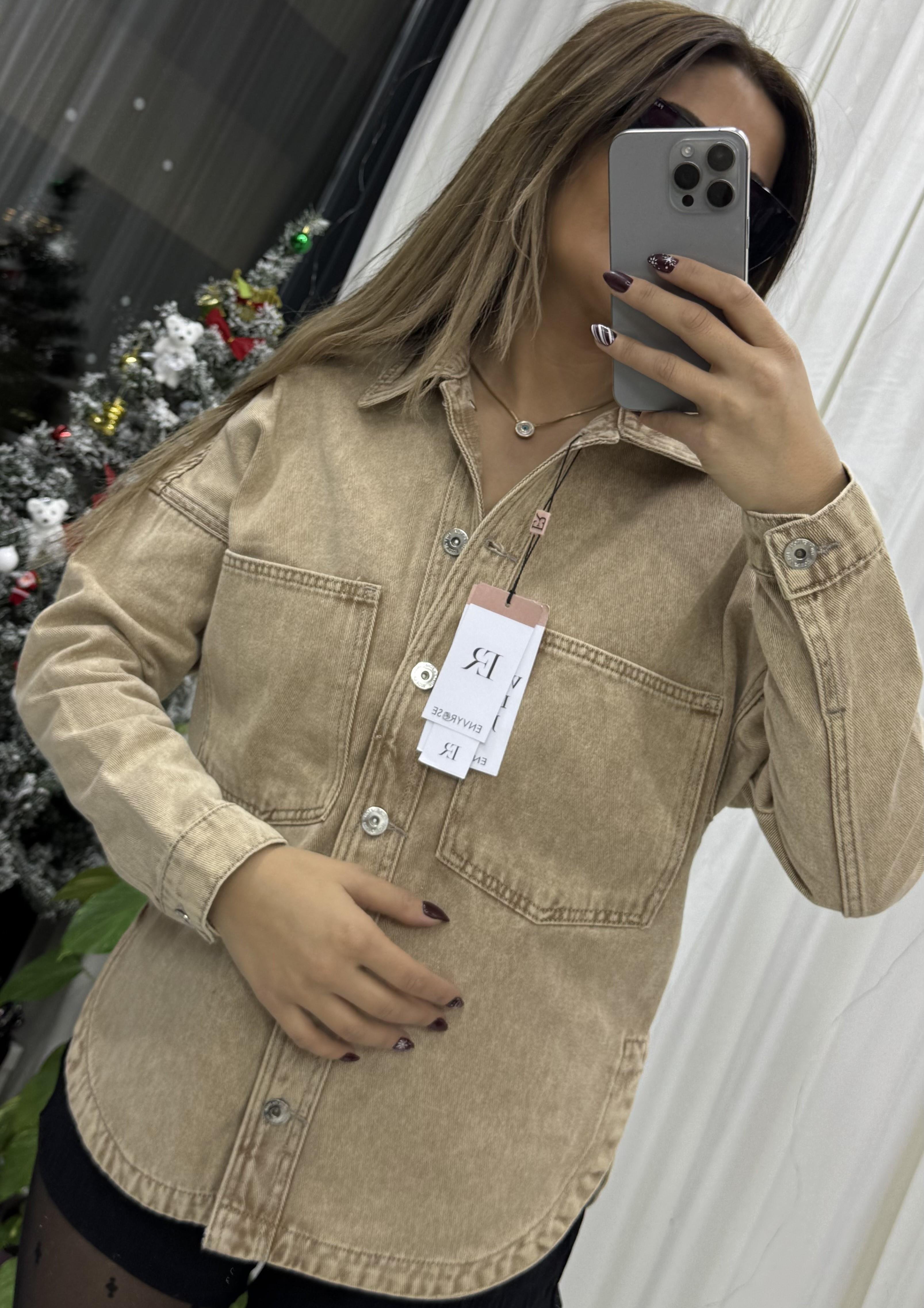 Cepli Yırtmaç Detaylı Oversize Denim-Ceket-Taba