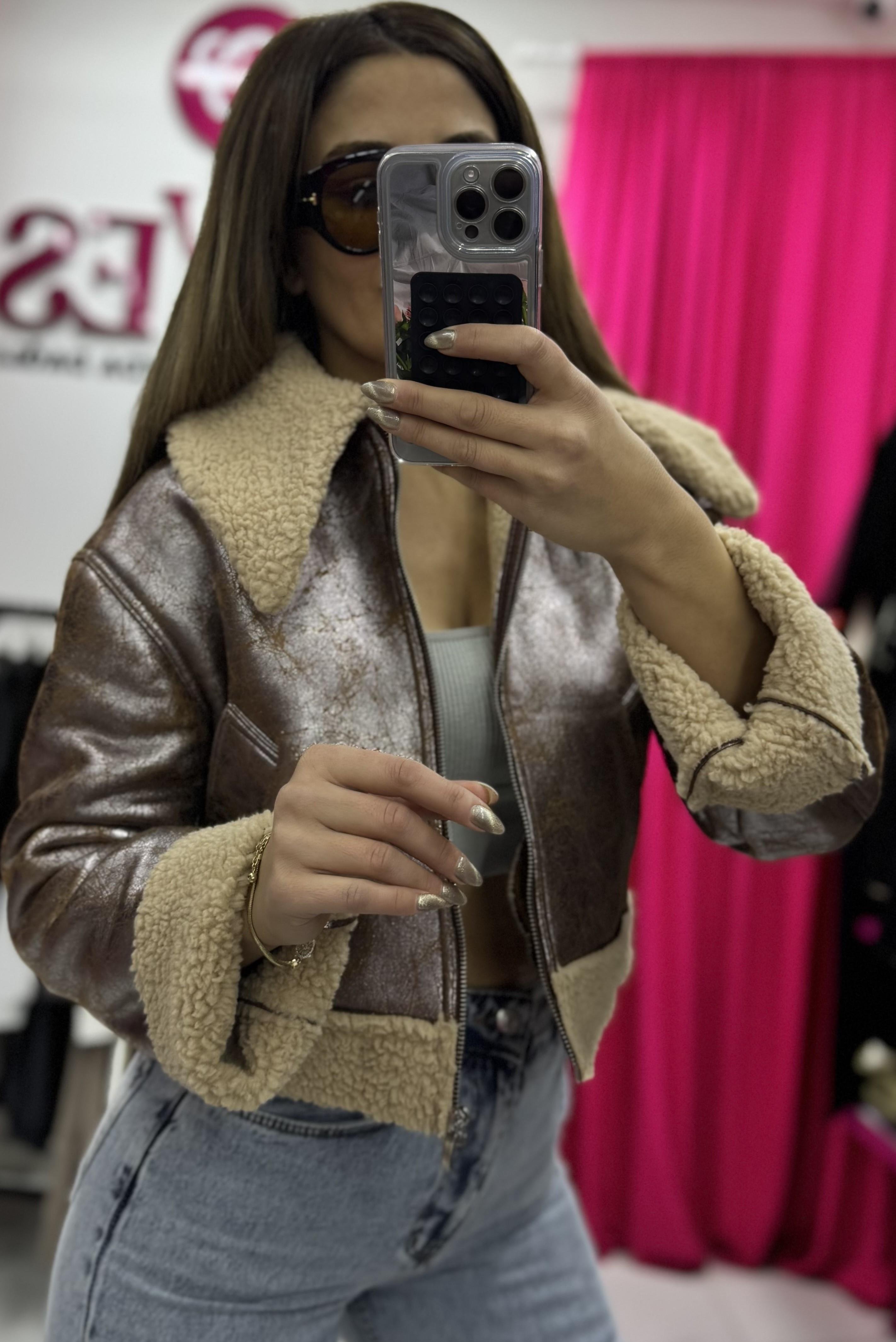 Çift Cepli Içi Kürklü Suni Deri Biker Ceket