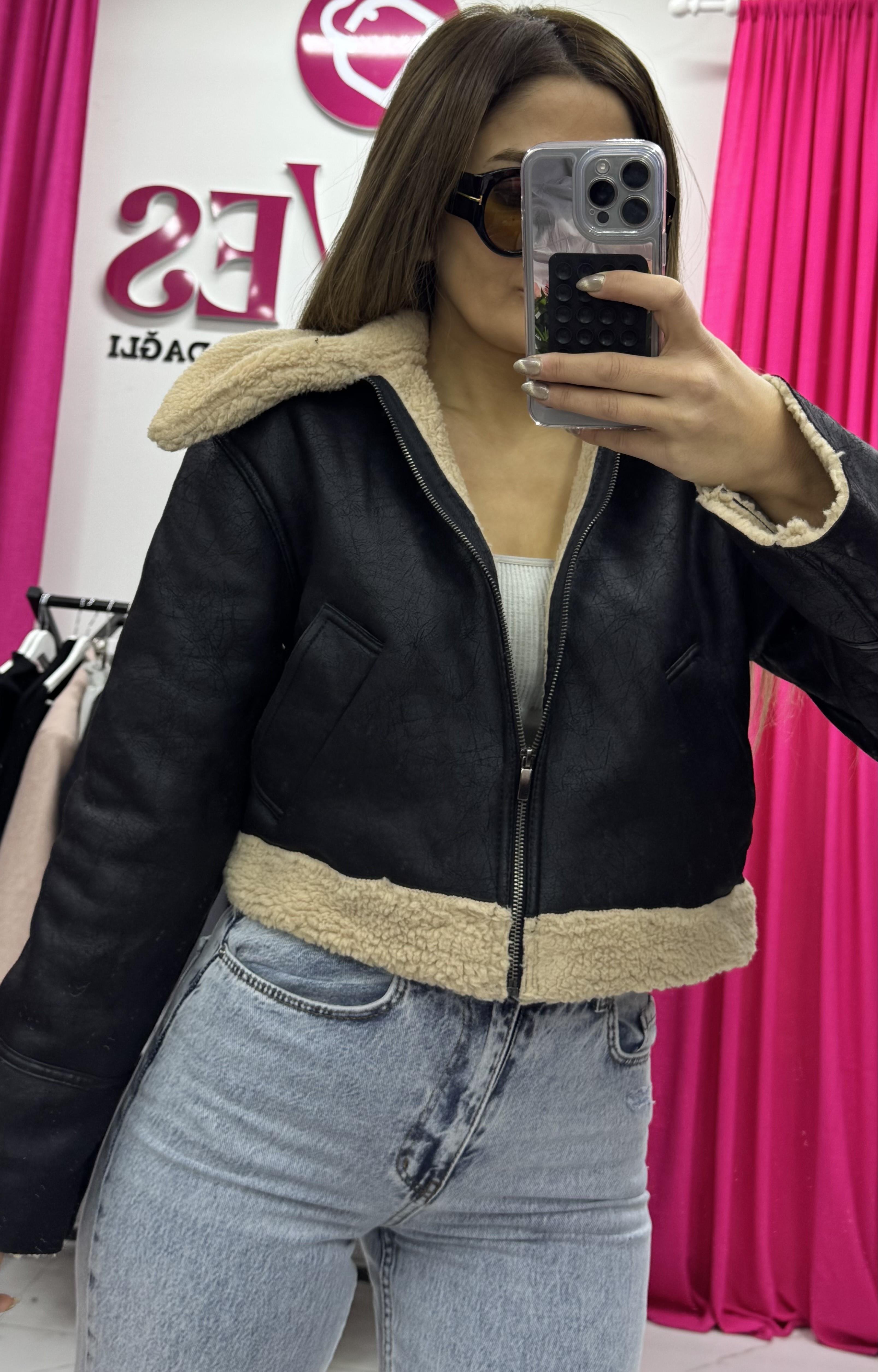 Çift Cepli Içi Kürklü Suni Deri Biker Ceket-Siyah