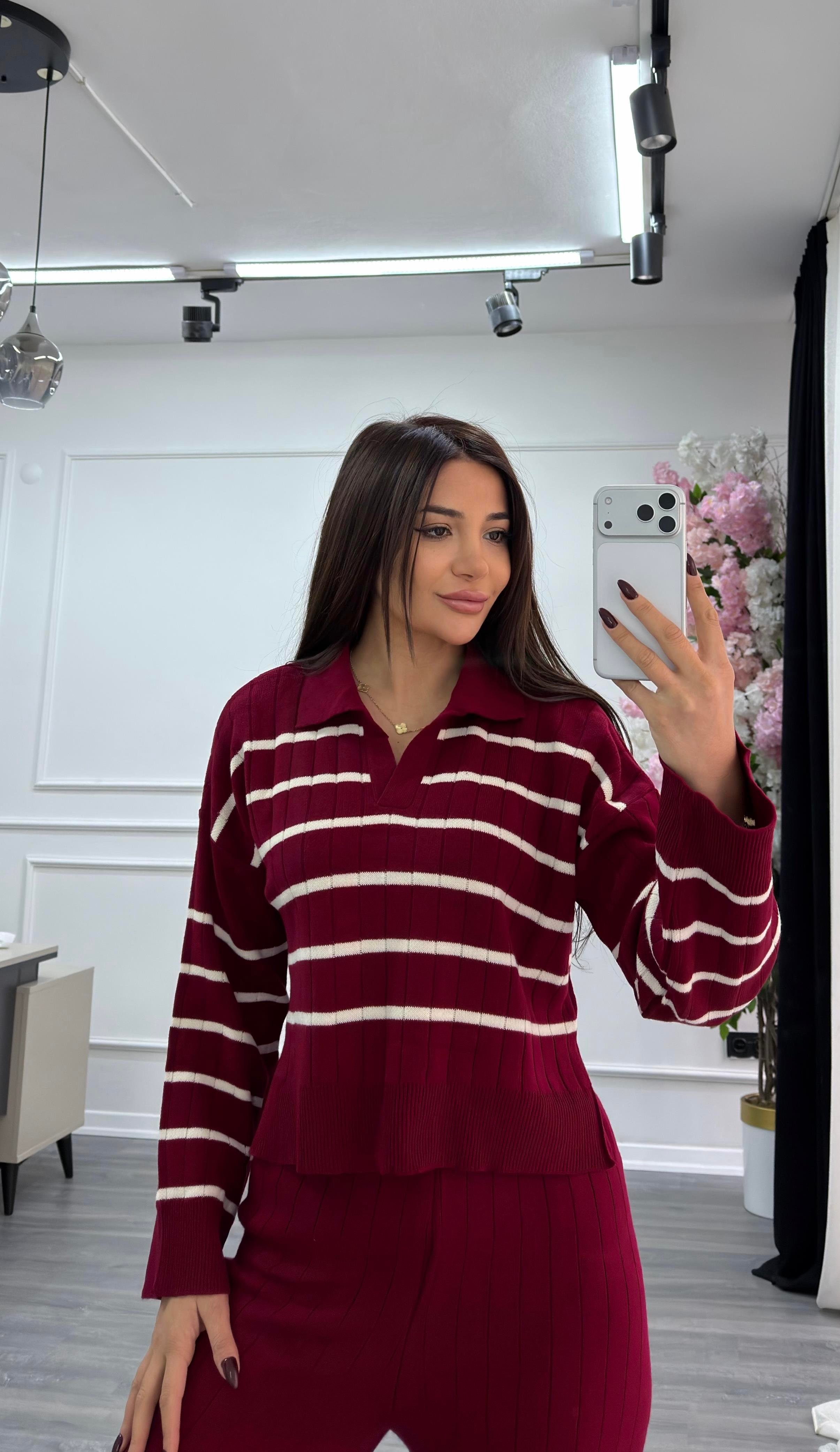 Çizgili 2li Triko Takım-bordo