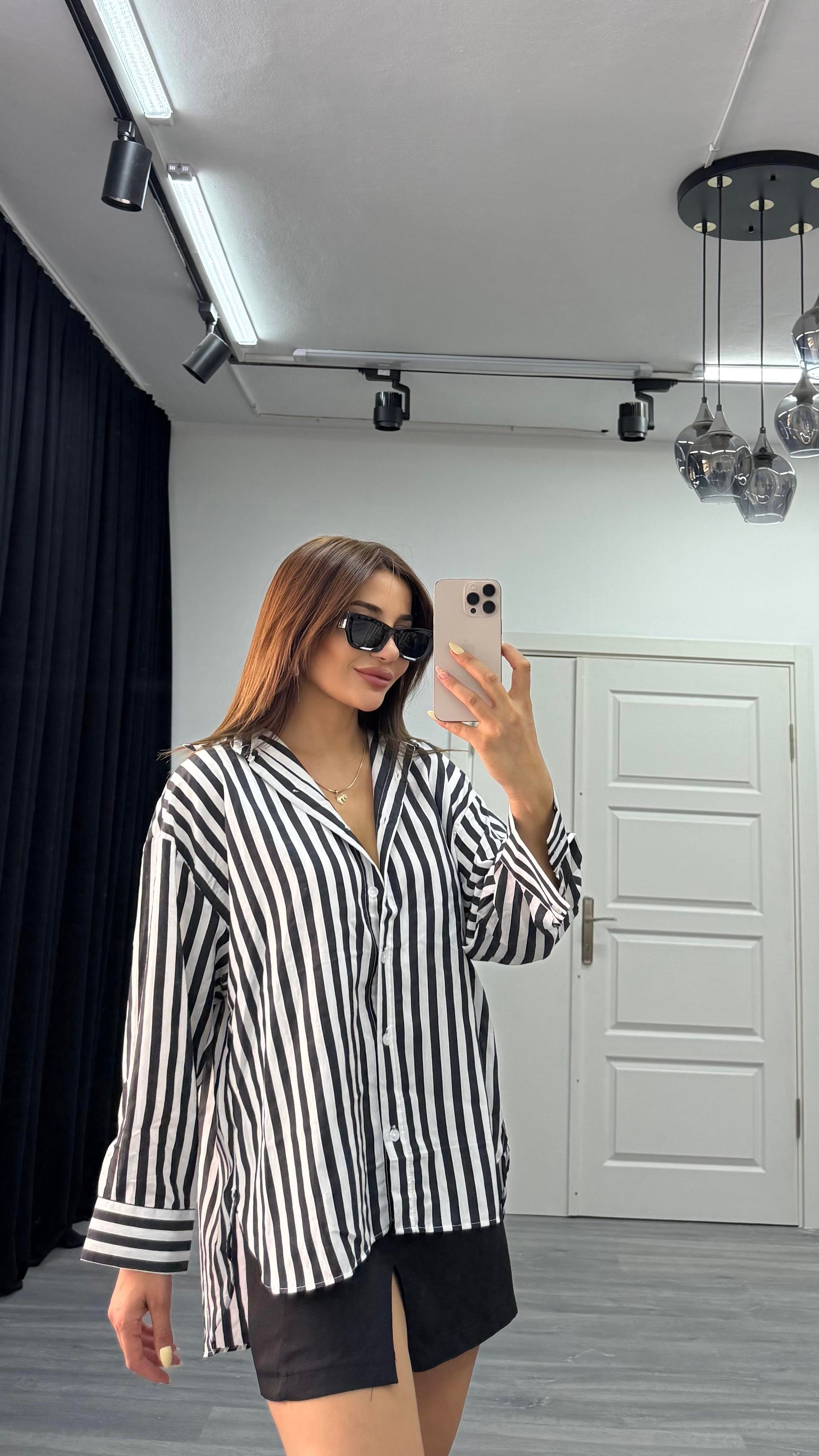 çizgili dokulu kadın oversize gömlek-Siyah