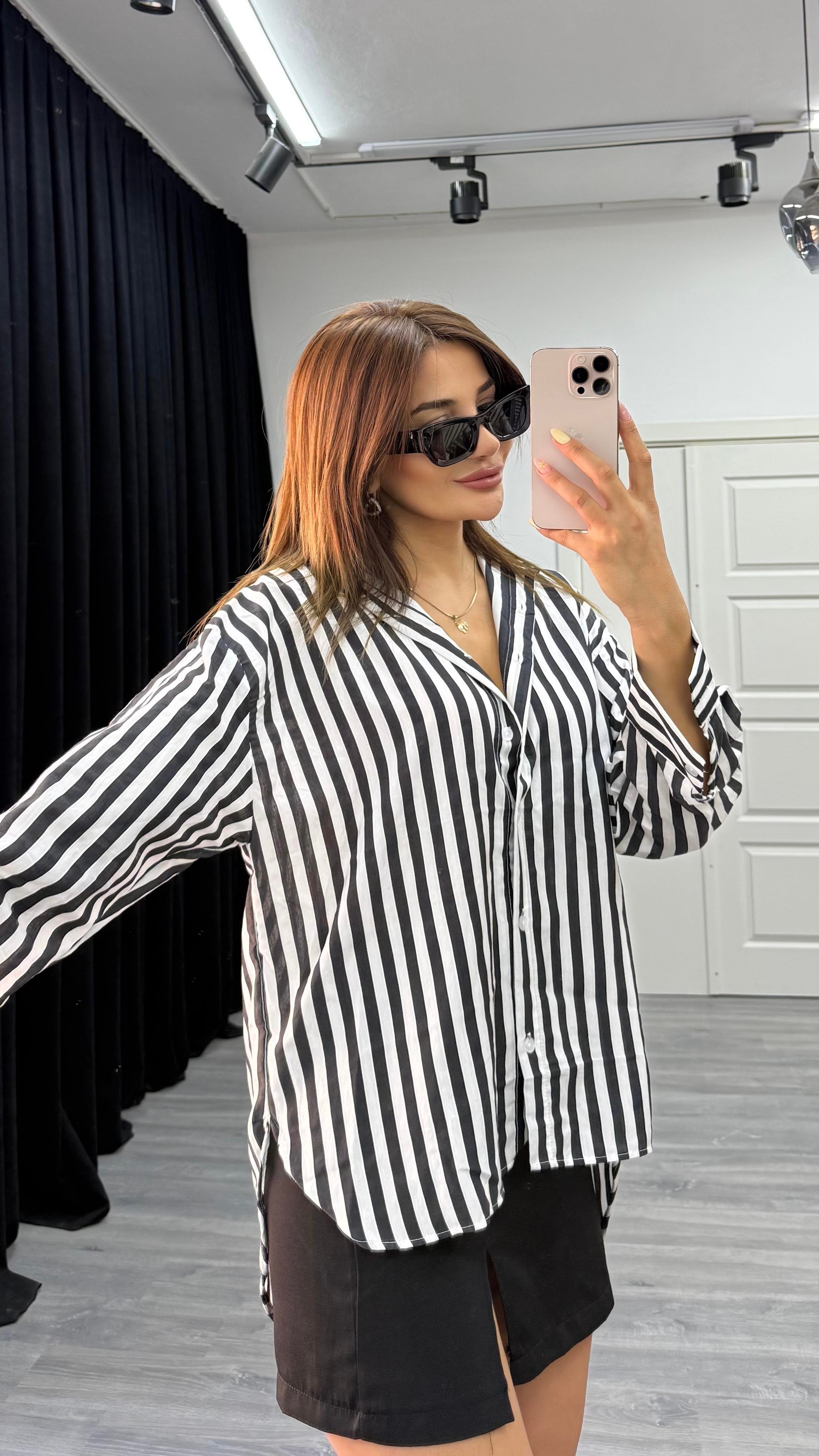 çizgili dokulu kadın oversize gömlek-Siyah
