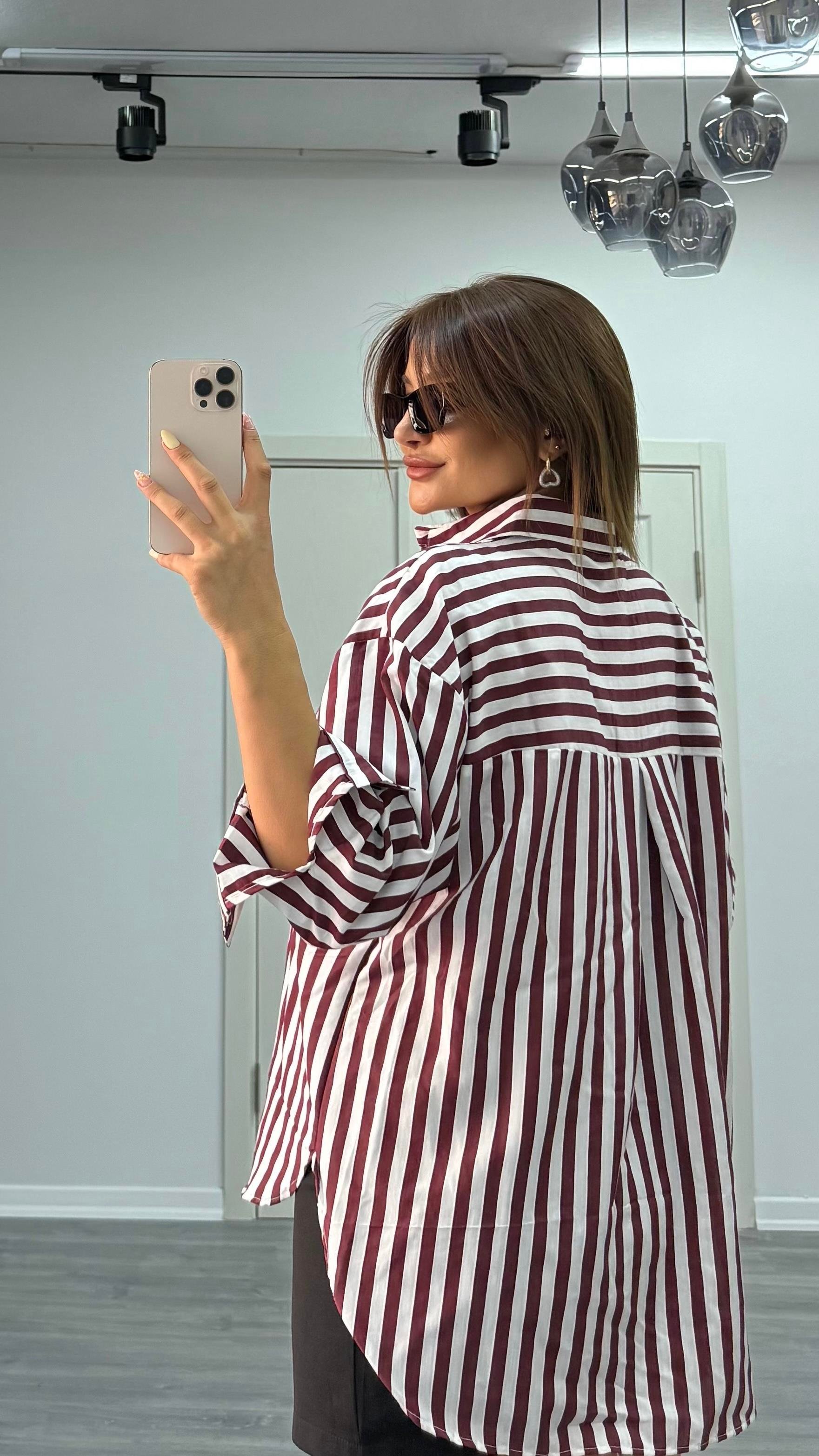 çizgili dokulu kadın oversize gömlek-Siyah
