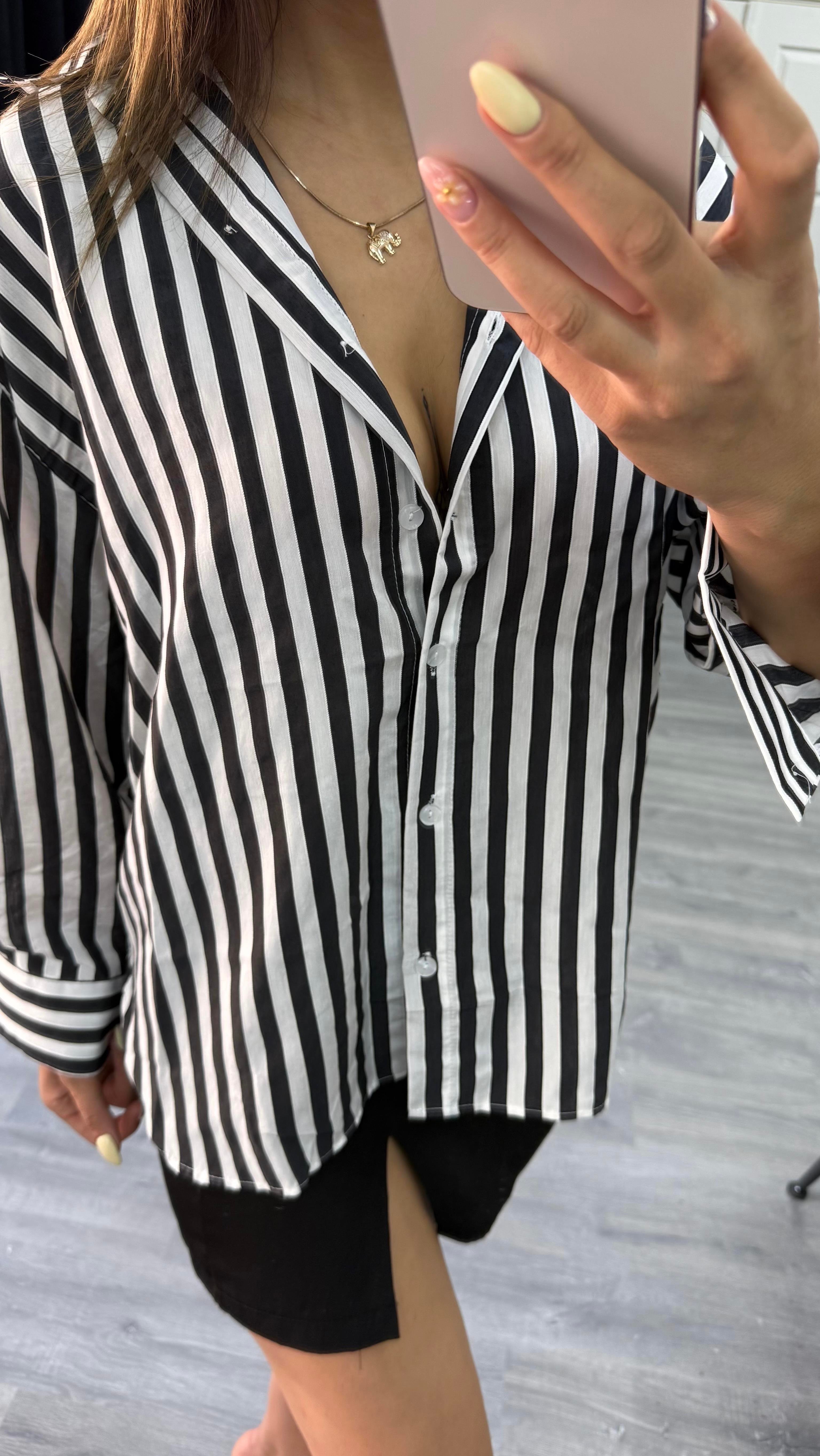 çizgili dokulu kadın oversize gömlek-Siyah