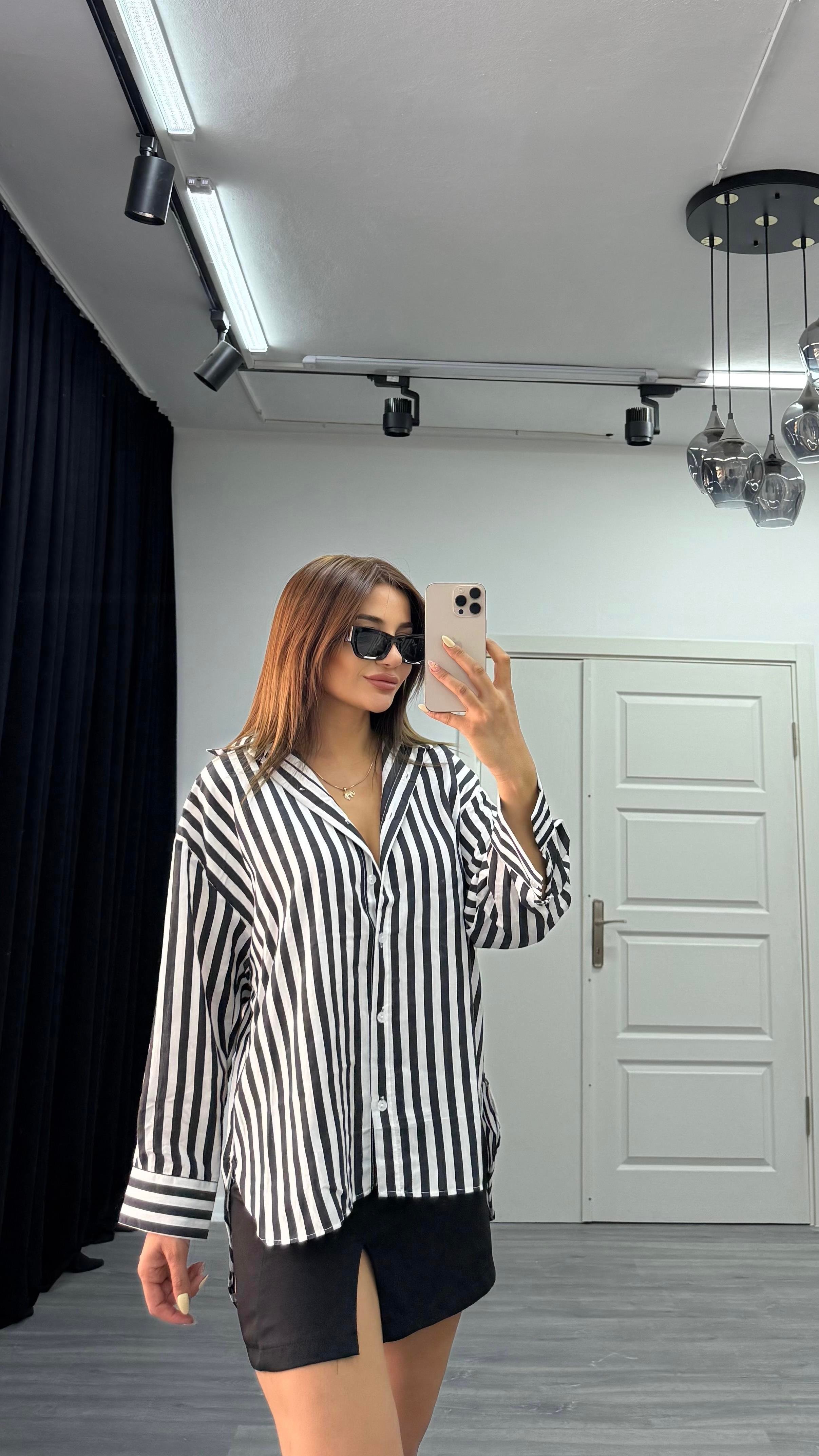 çizgili dokulu kadın oversize gömlek-Siyah