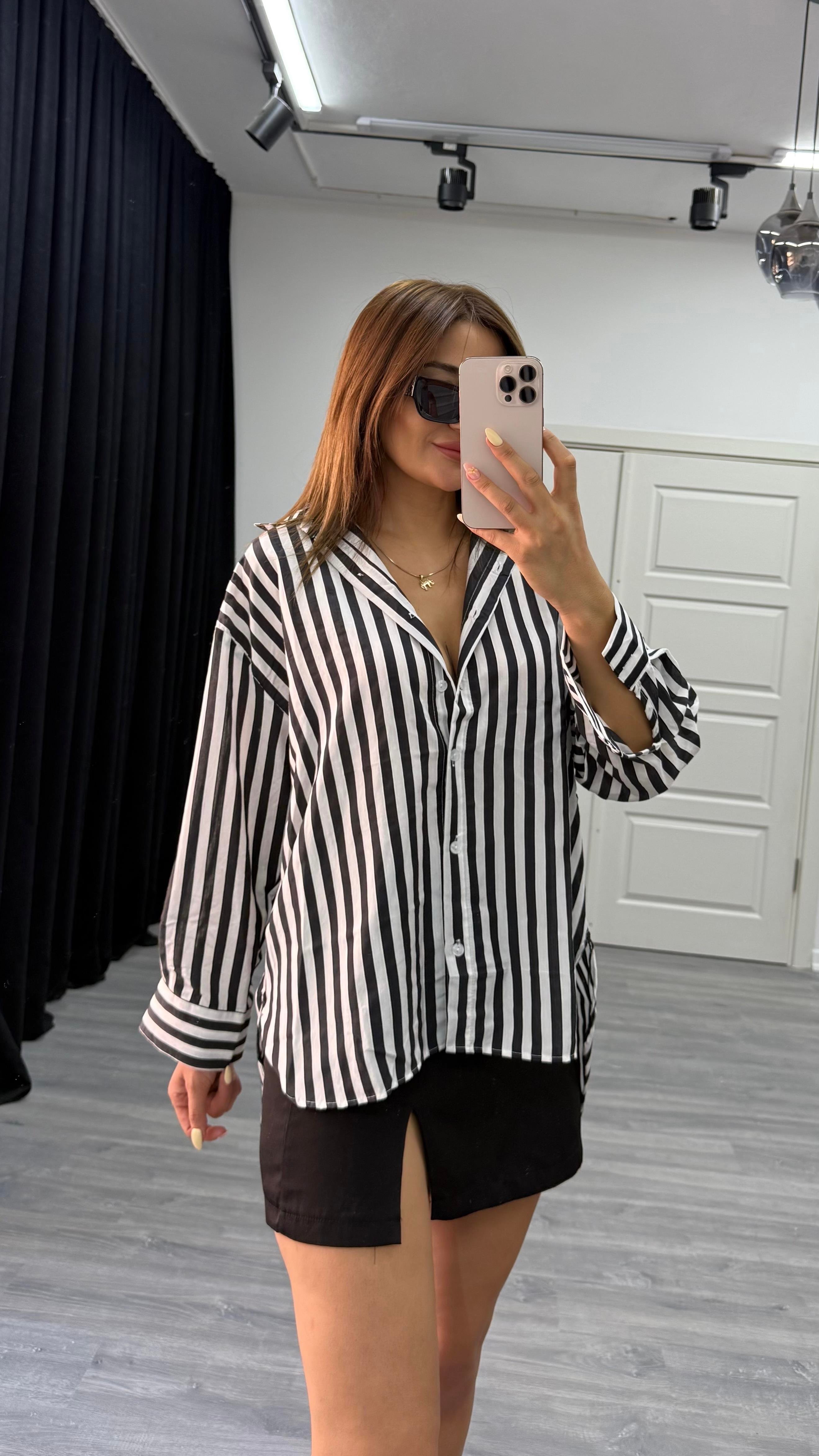 çizgili dokulu kadın oversize gömlek-Siyah