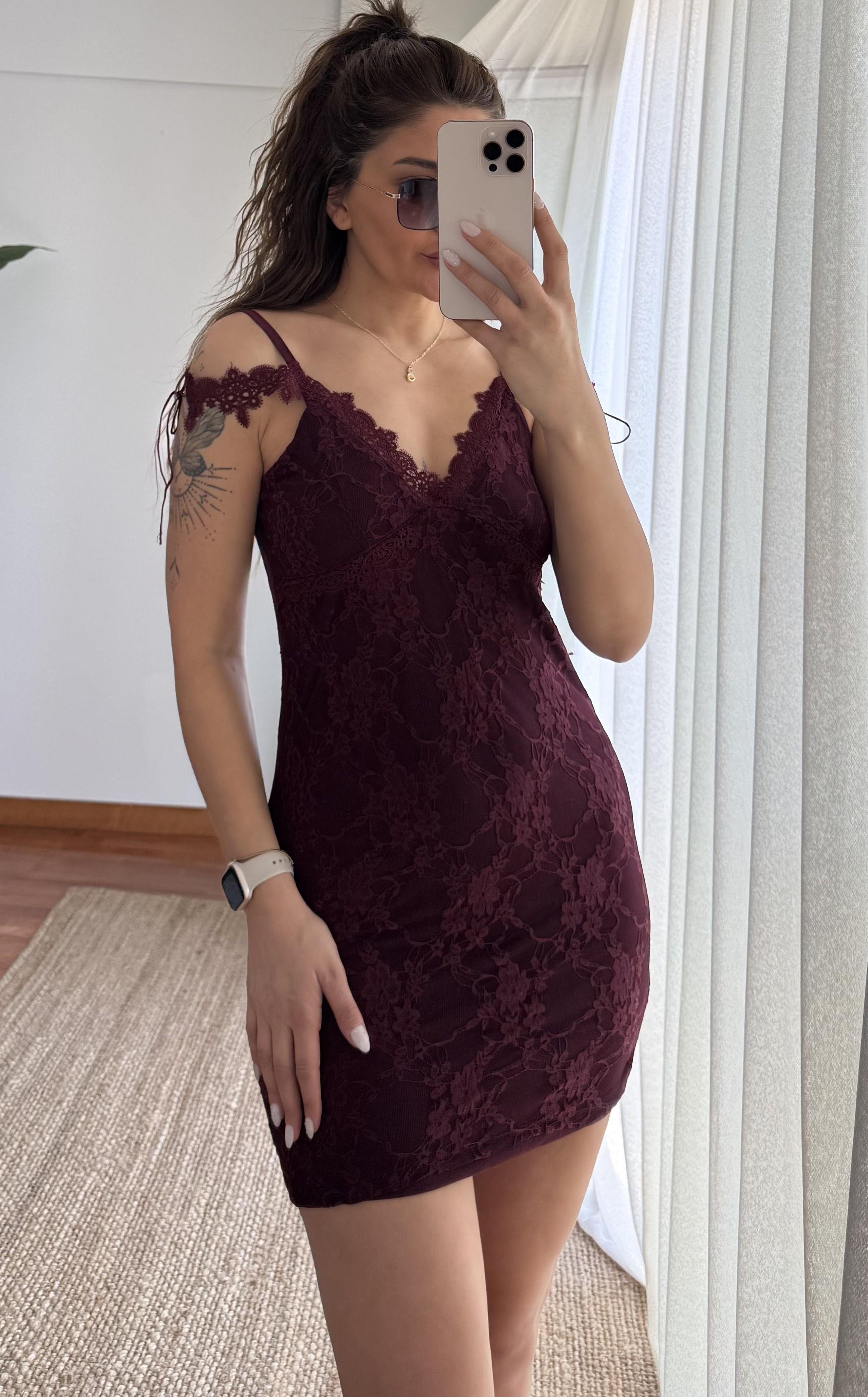 Dantel Detay Astarlı elbise-Bordo