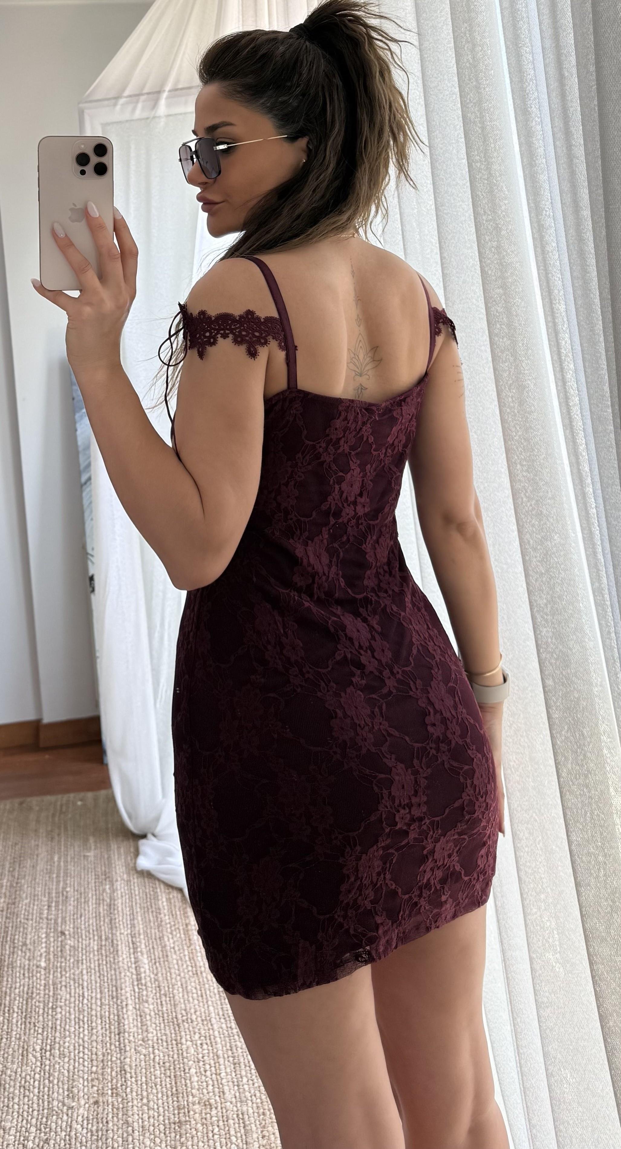 Dantel Detay Astarlı elbise-Bordo