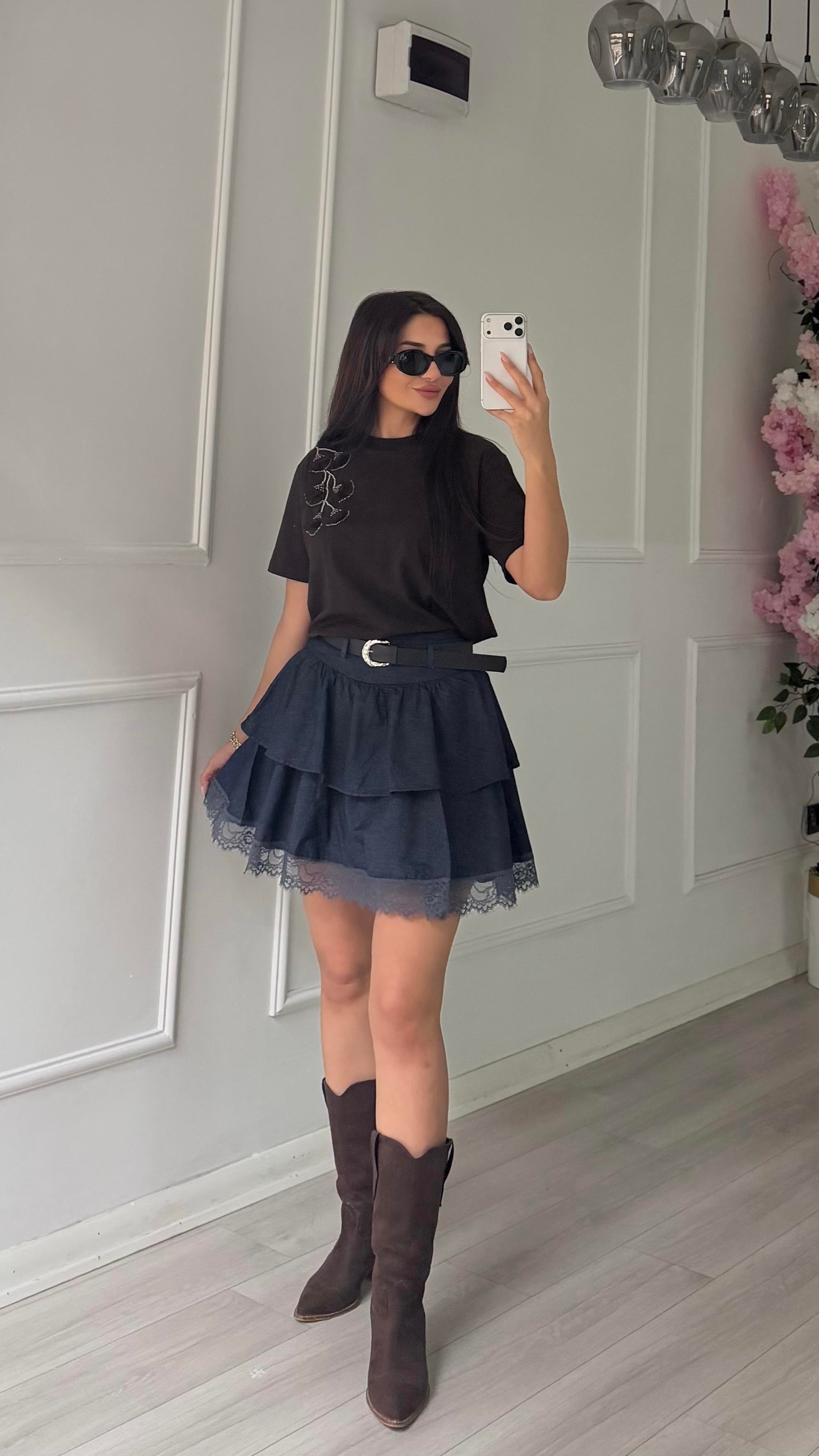 Dantel Detaylı Denim Etek