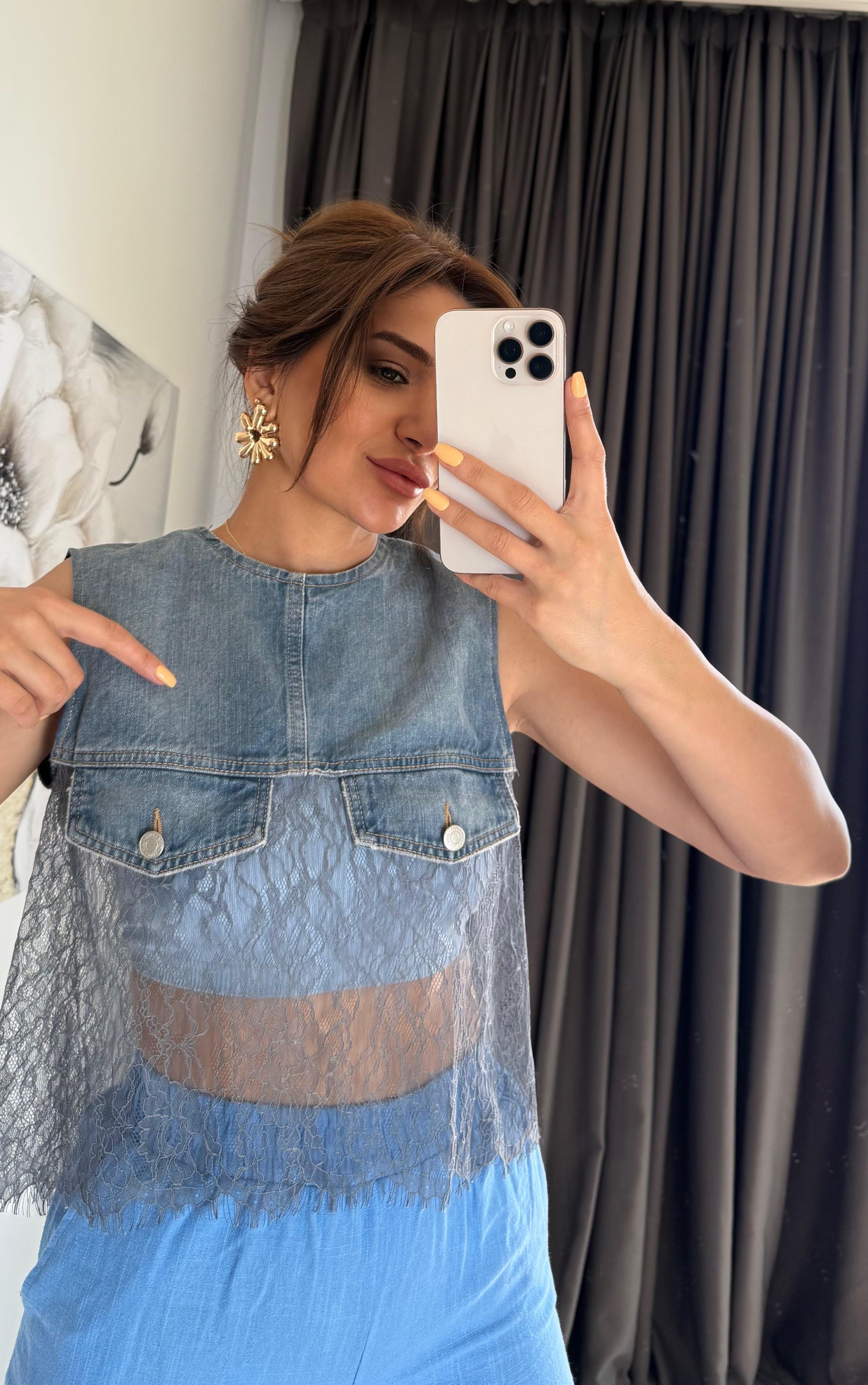 Denim Dantel Detaylı Yelek