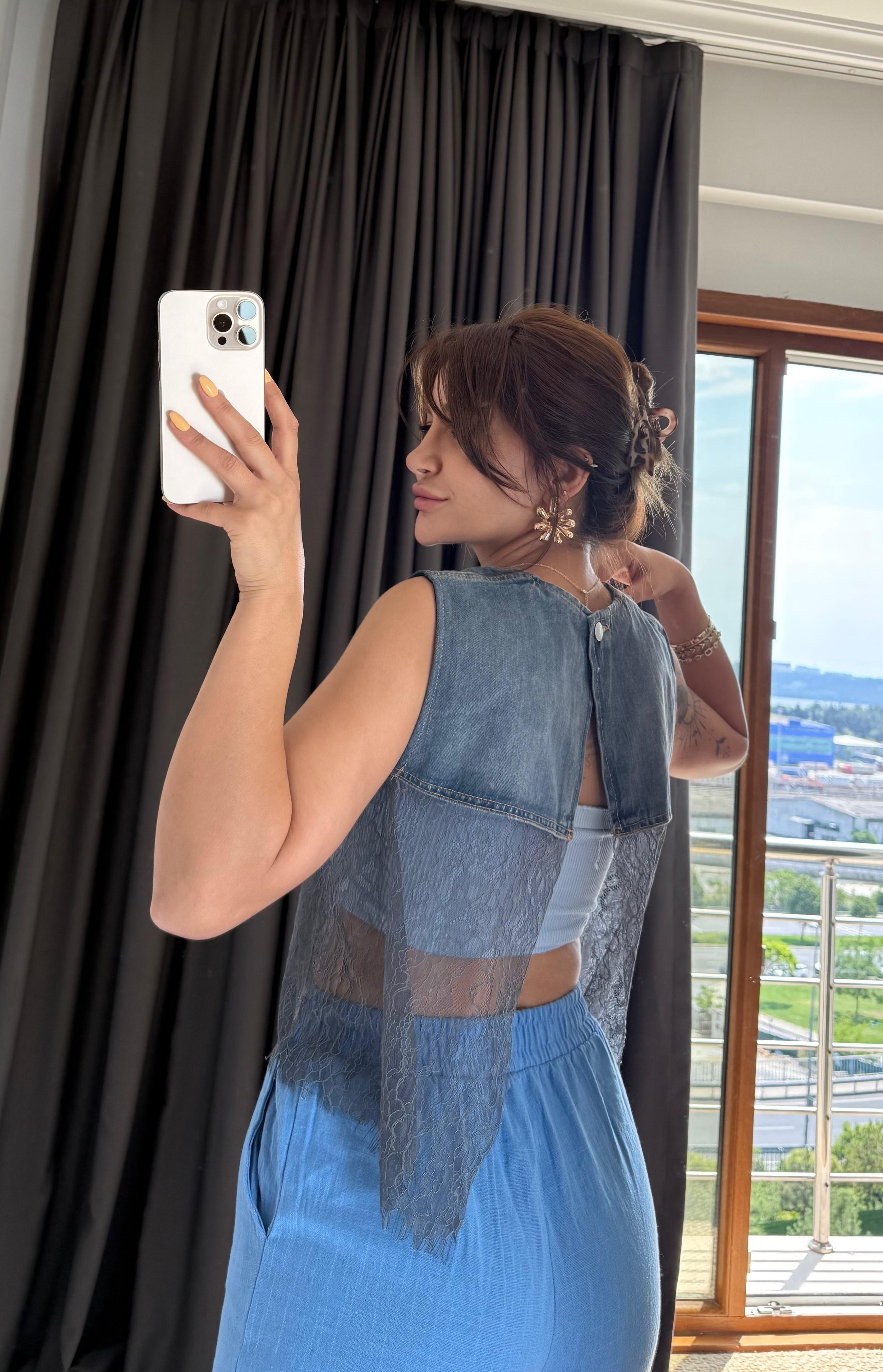 Denim Dantel Detaylı Yelek