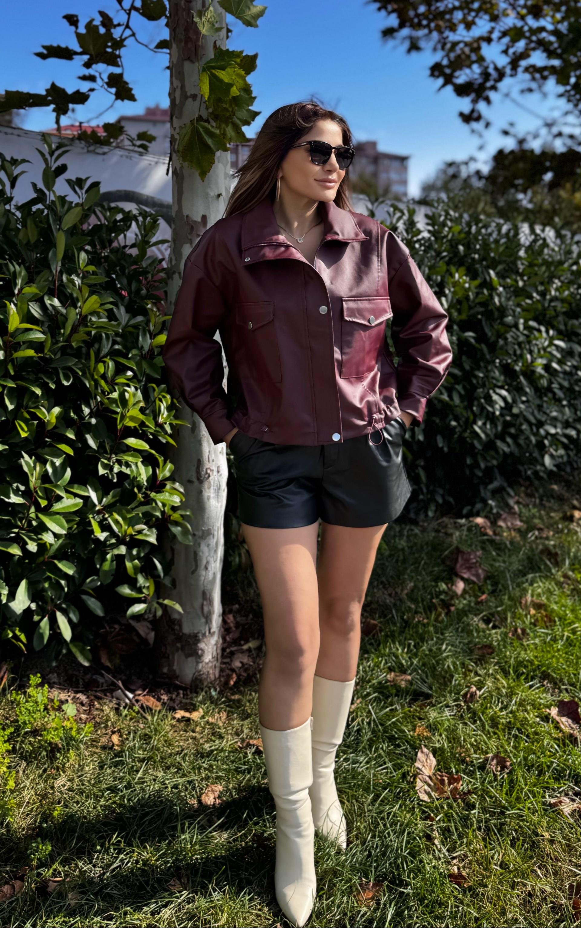 Dik Yaka Deri Ceket -Bordo