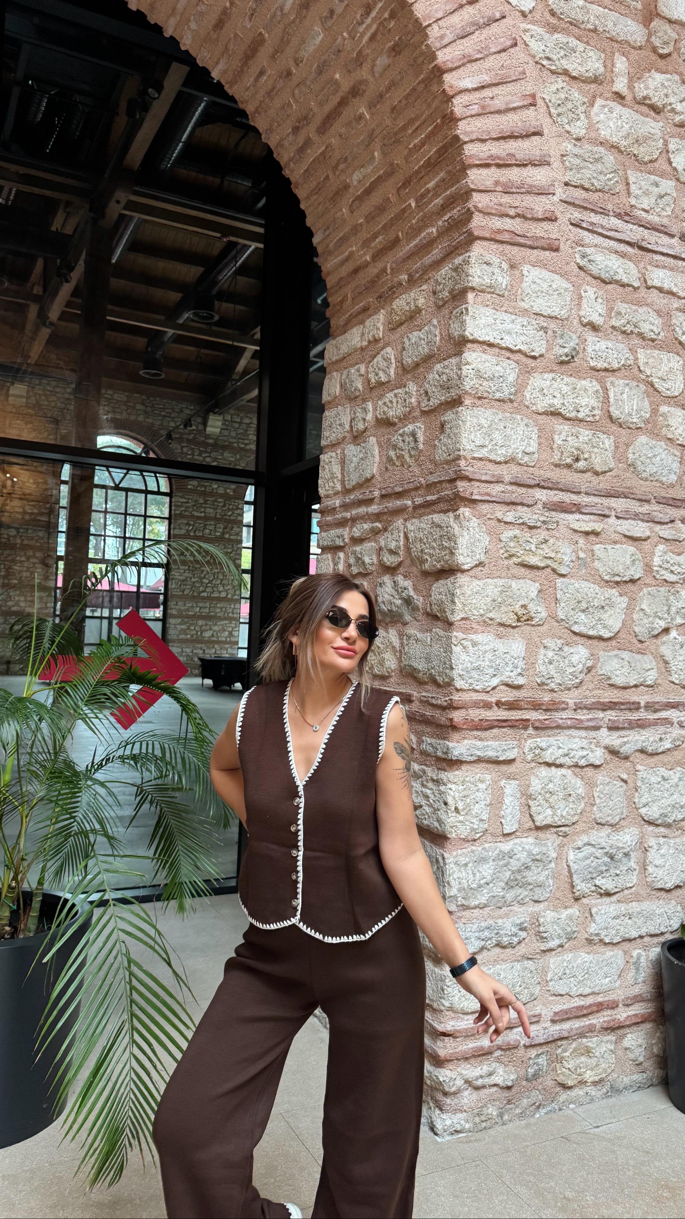 Dikiş Detaylı Yelek pantolon takım-acı kahve