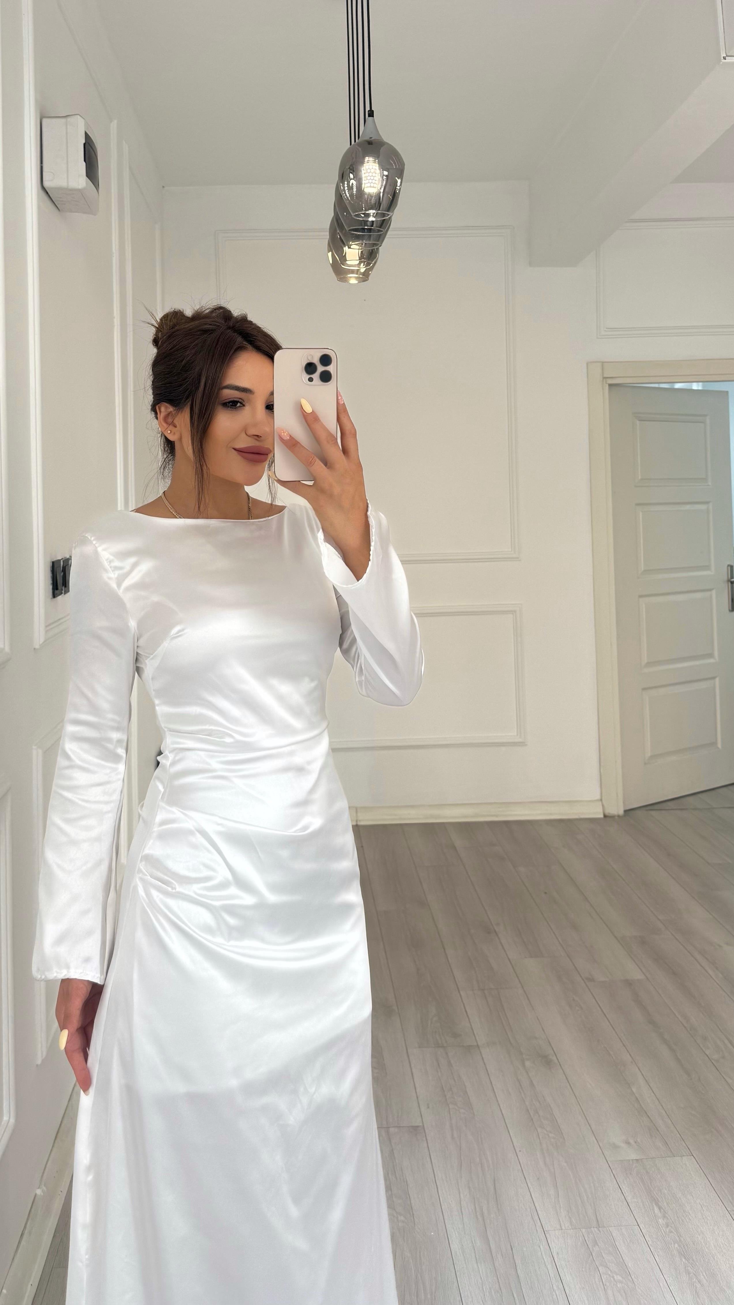 Drapeli Saten Tesettür Abiye Beyaz
