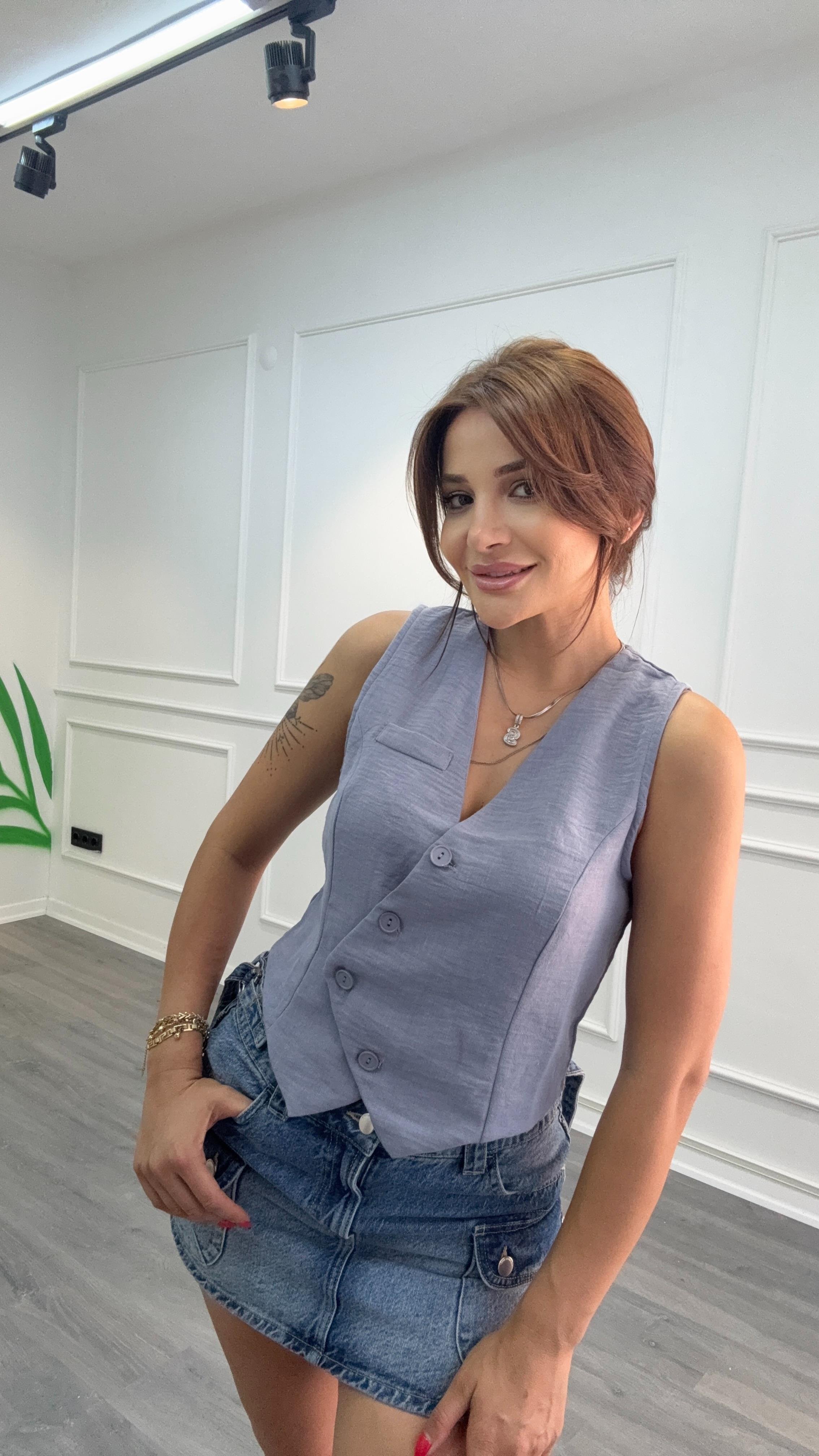 Düğmeli Keten Yelek -Gri