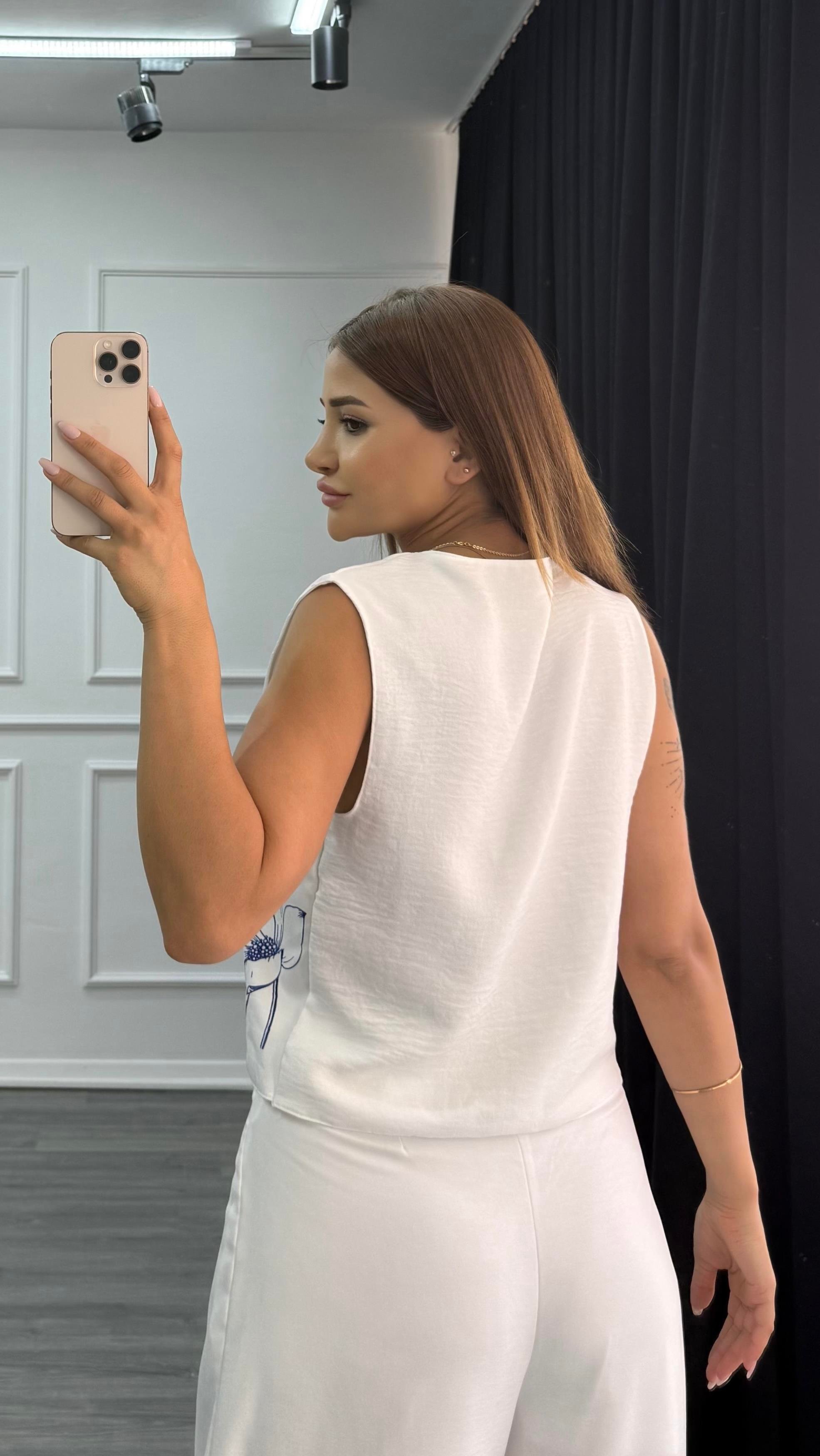 Düğmeli Keten Yelek Pantolon Takım