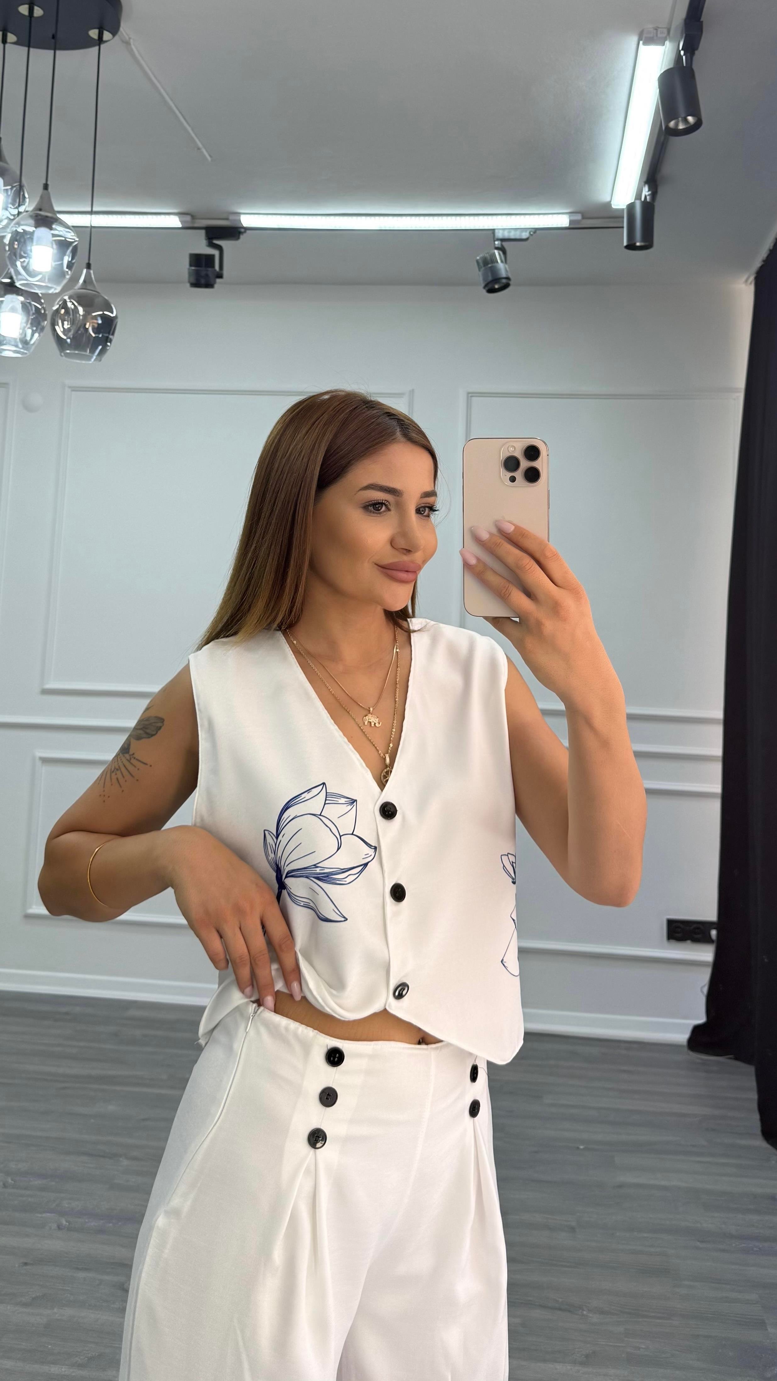Düğmeli Keten Yelek Pantolon Takım