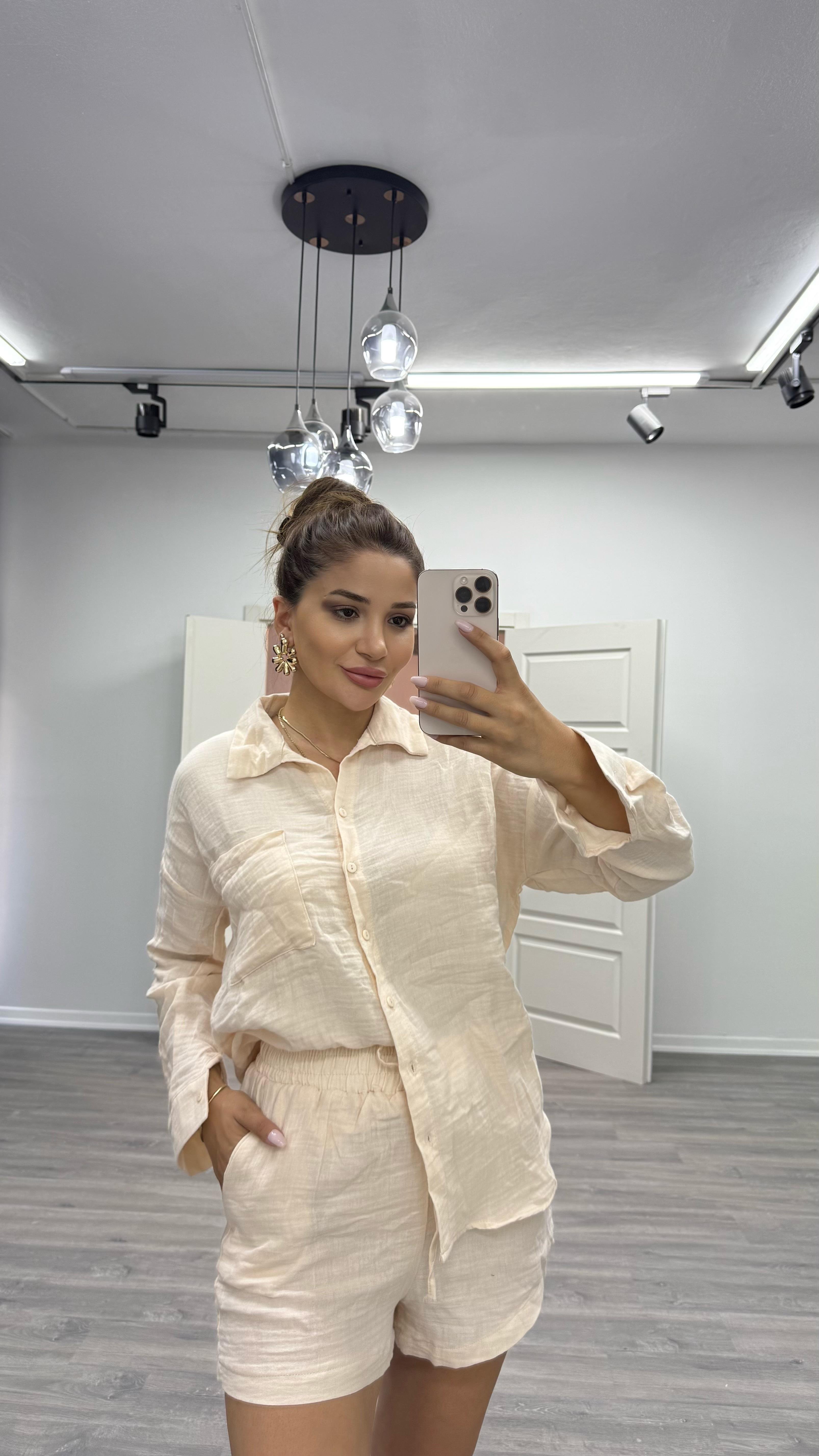 Ebru Müslin Kumaş Rahat Kesim Gömlek Şort İkili Takım