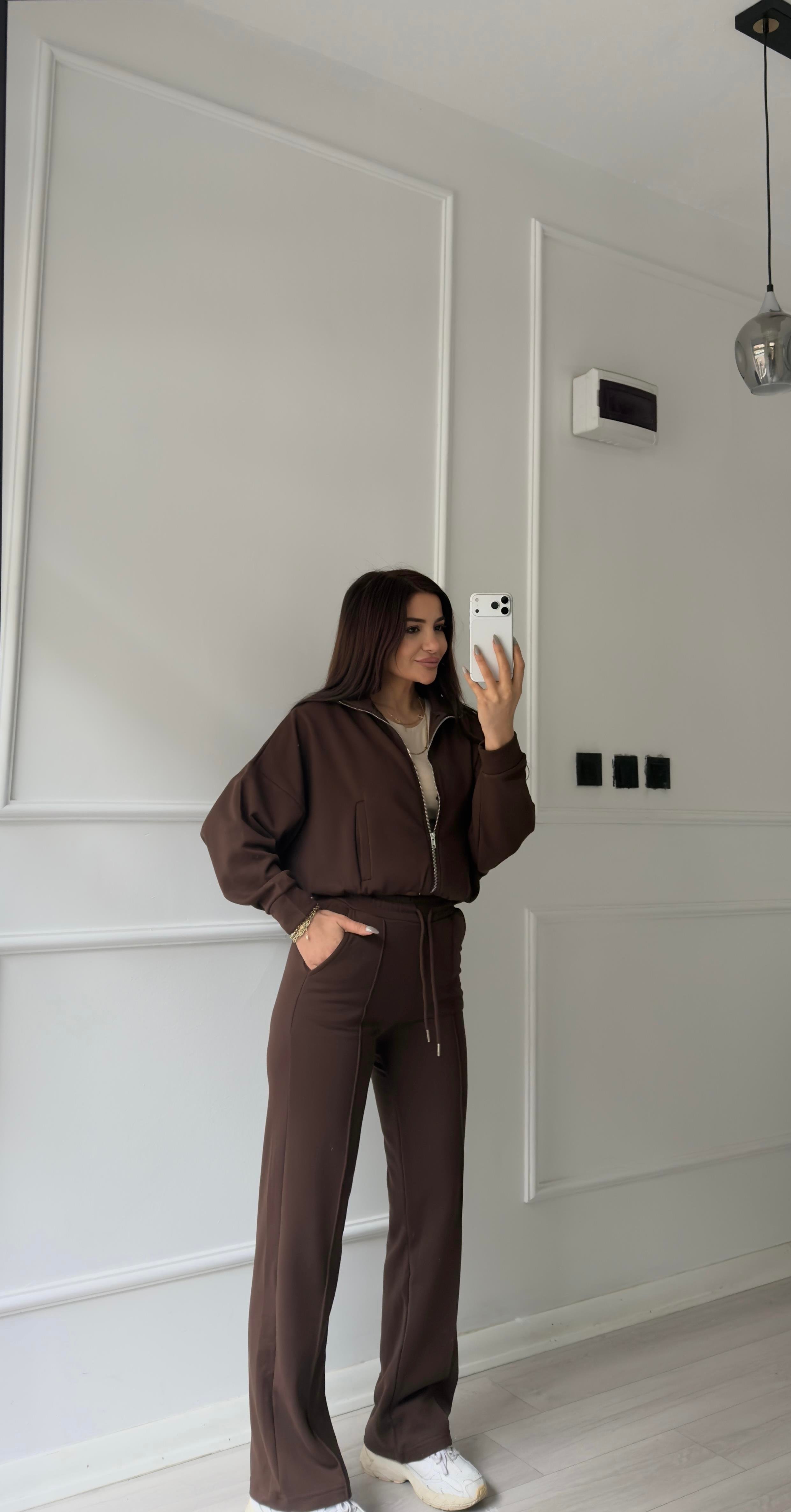 Fermuarlı Sweatshirt 2li Takım-Kahve