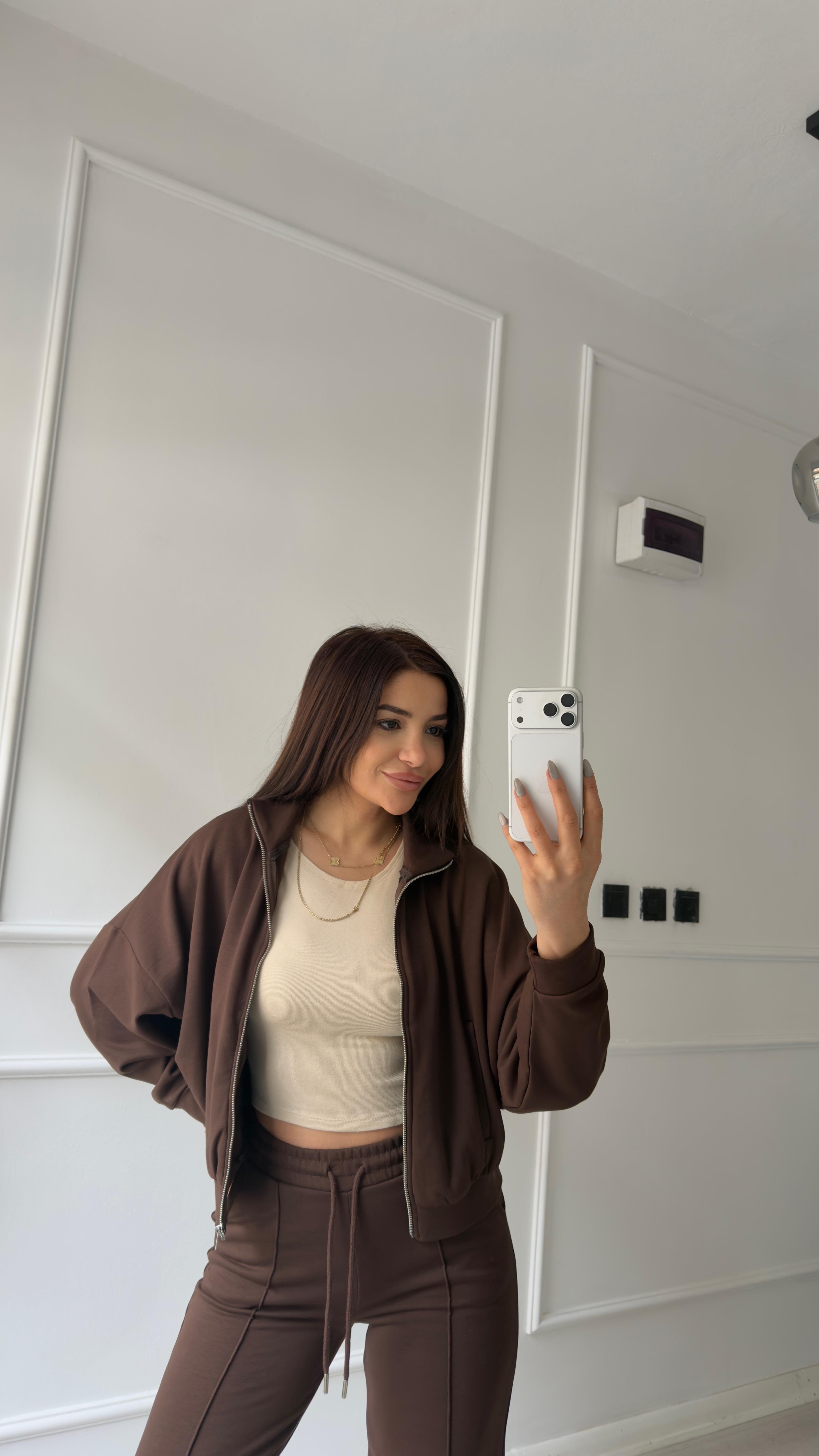 Fermuarlı Sweatshirt 2li Takım-Kahve