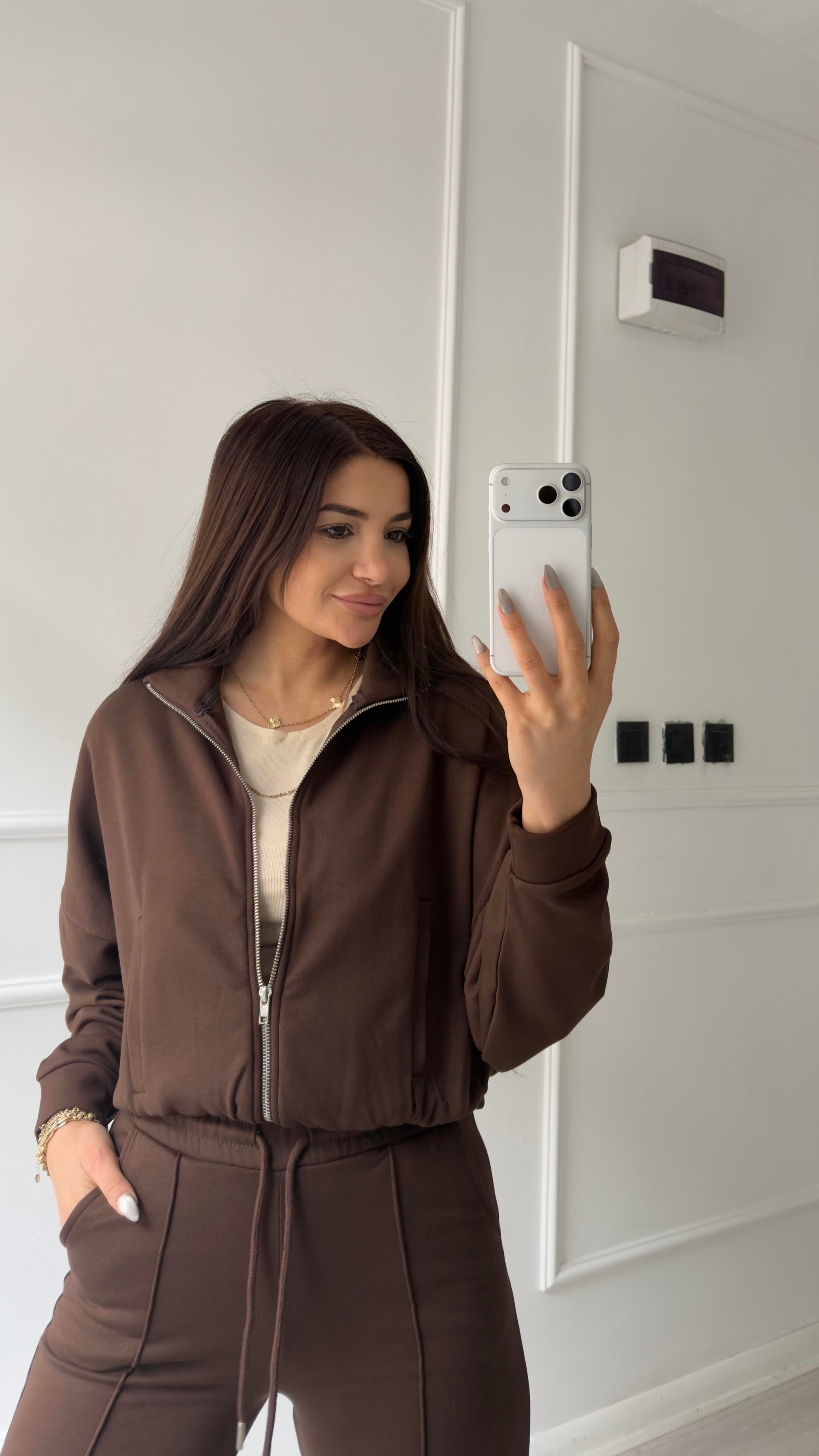 Fermuarlı Sweatshirt 2li Takım-Kahve