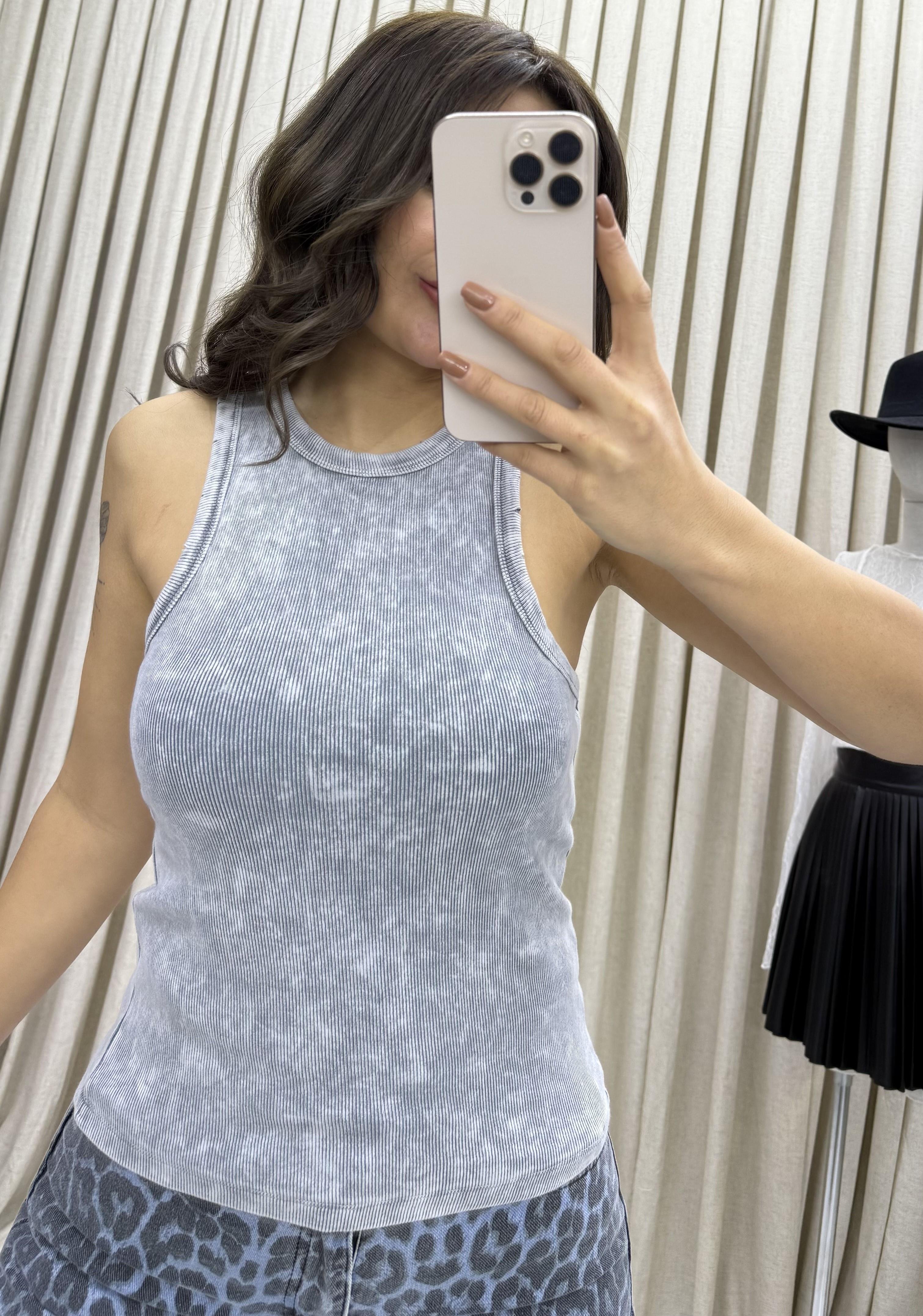 Fitilli bluz Halter Yaka Basic Soluk Efektli