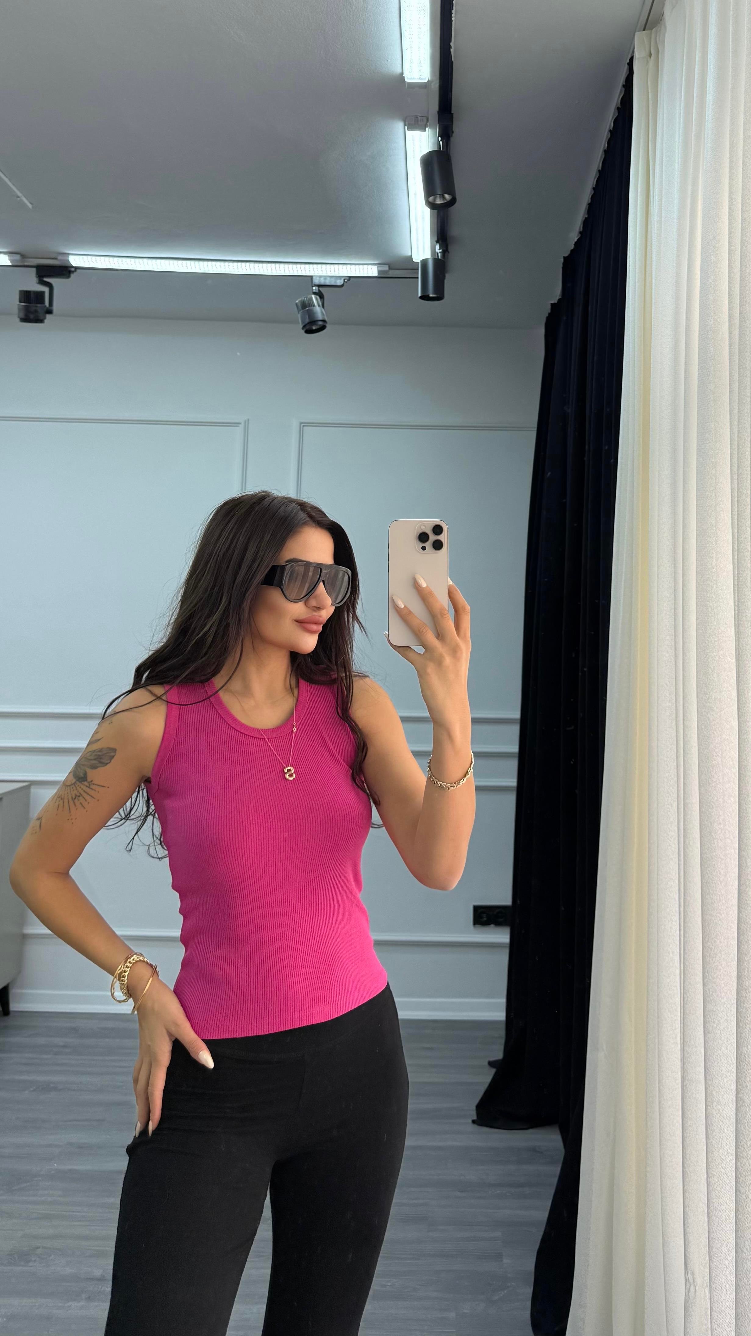 Fuşya Esnek Bisiklet Yaka Kaşkorse Geniş Askılı -Bluz