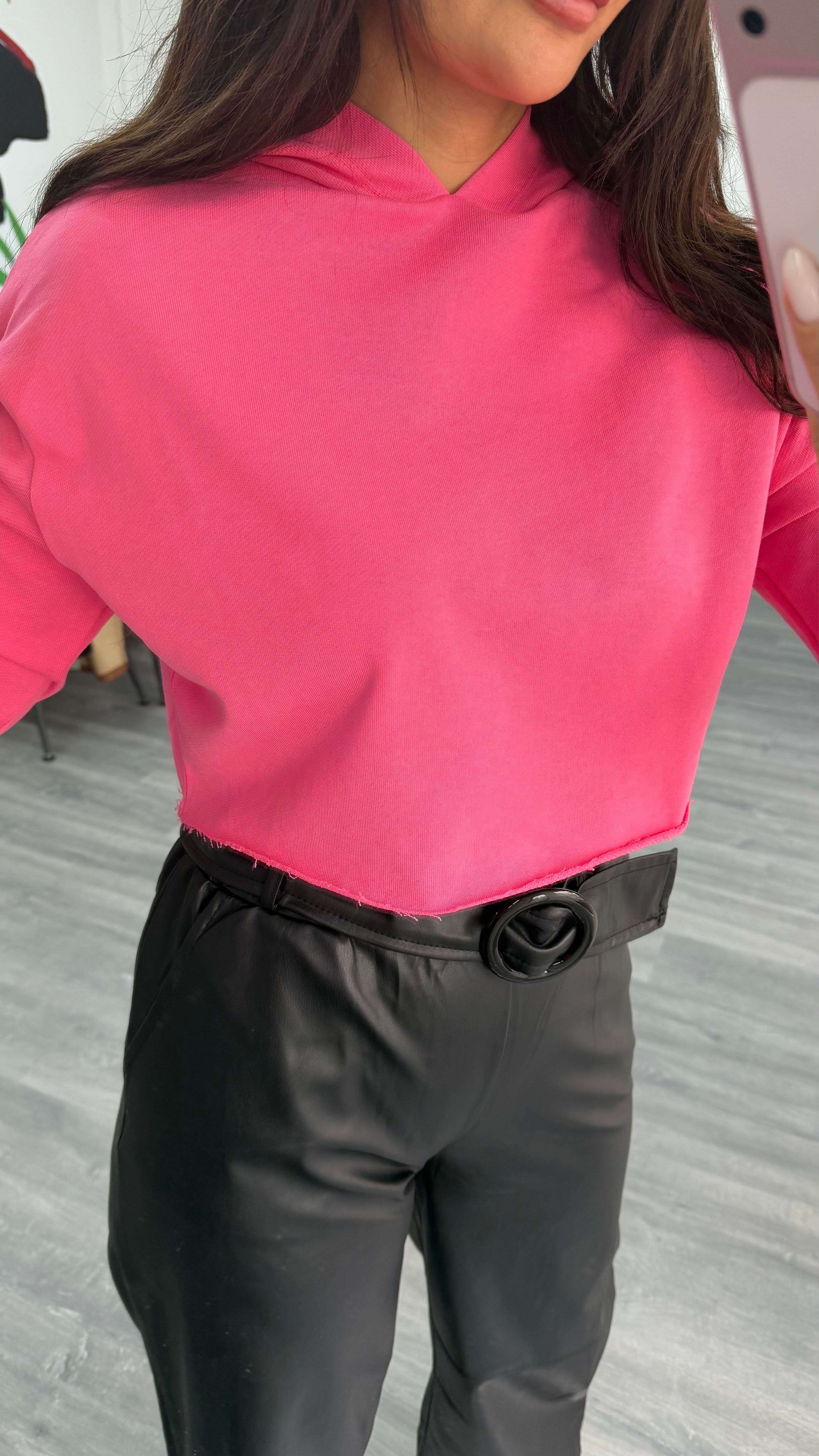 Fuşya Kapüşonlu Rahat Kalıp Crop Sweatshirt