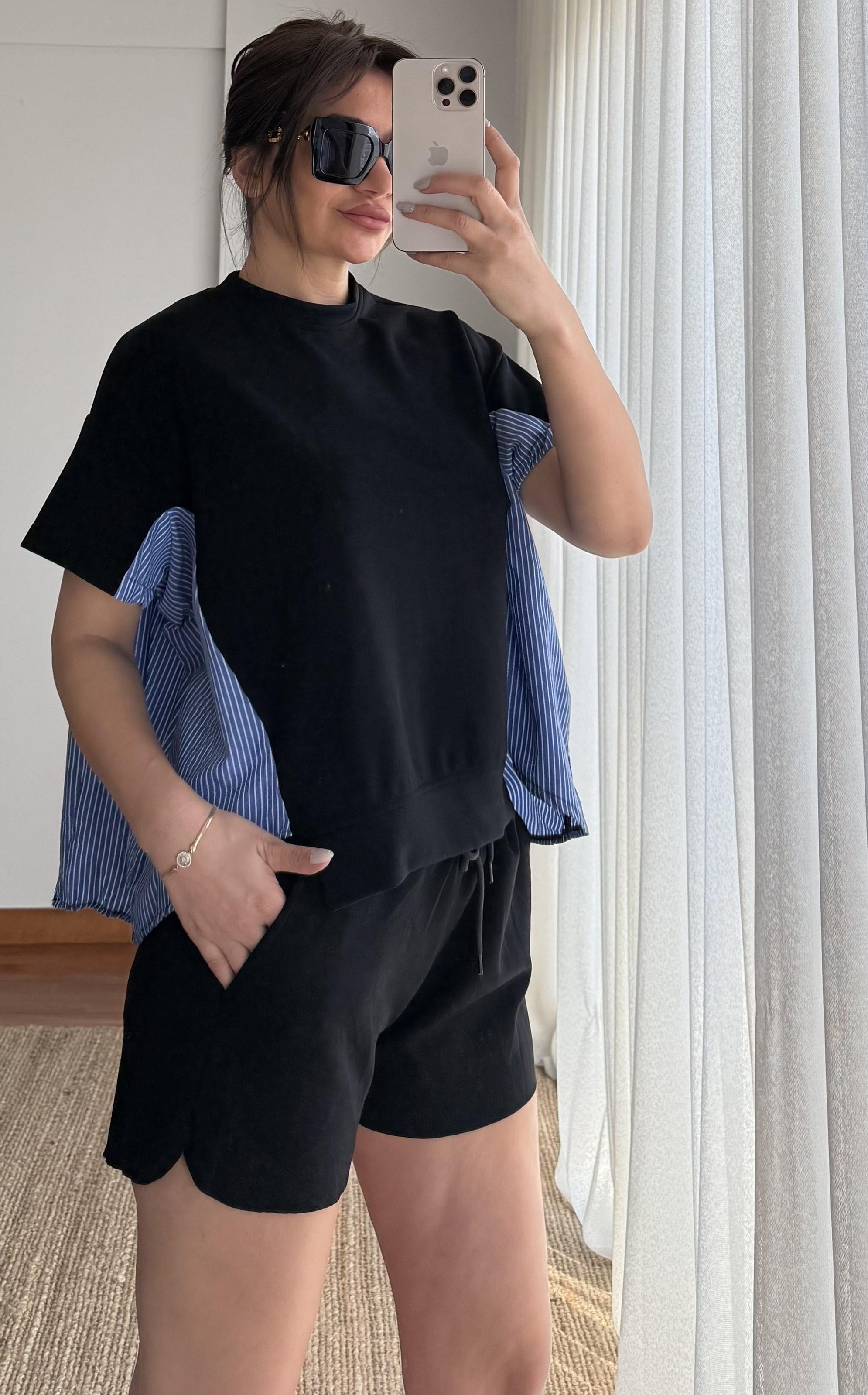 Garnili Oversize  Tişört 2'Lİ Takım Mavi 