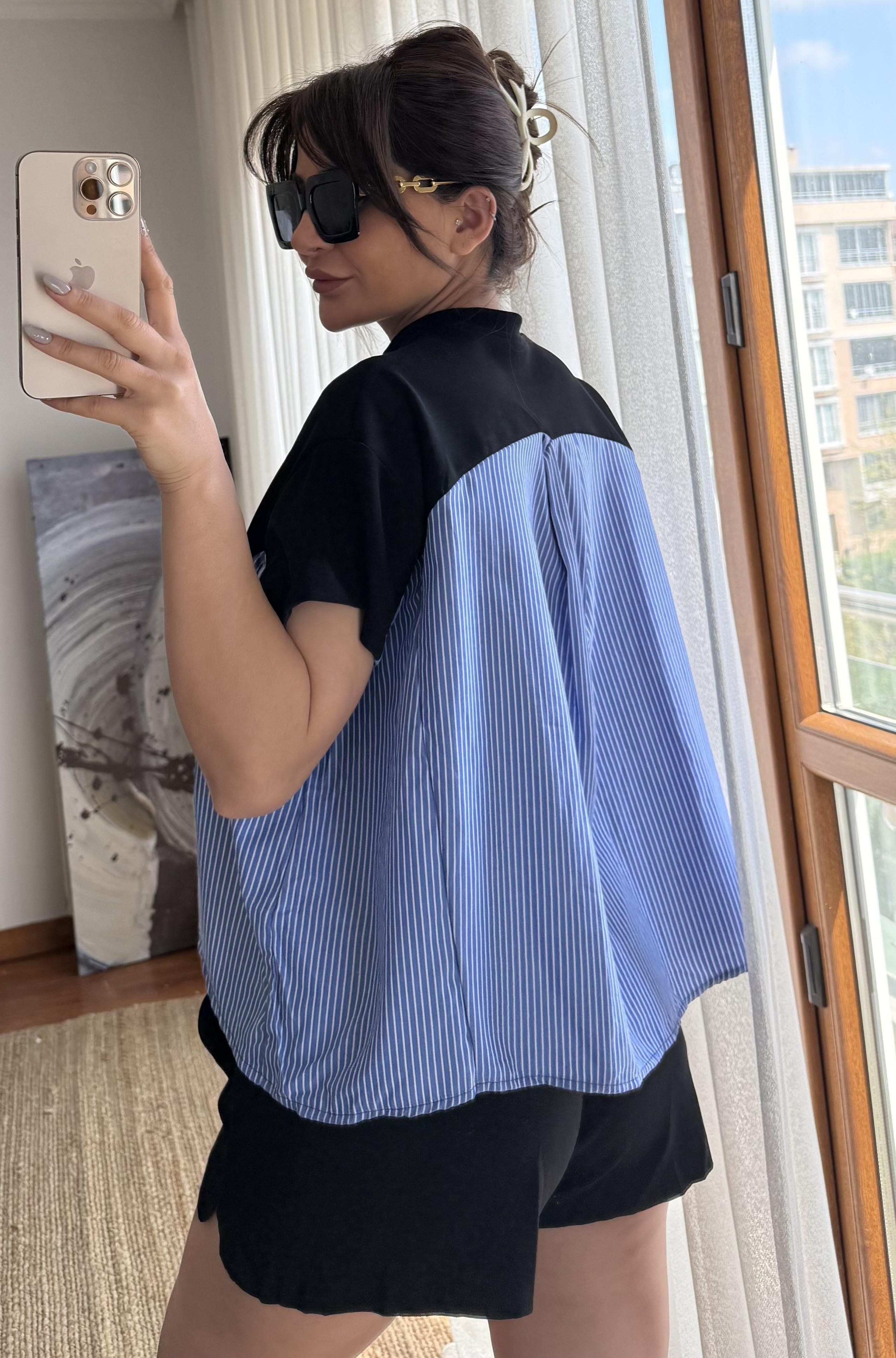 Garnili Oversize  Tişört 2'Lİ Takım Mavi 