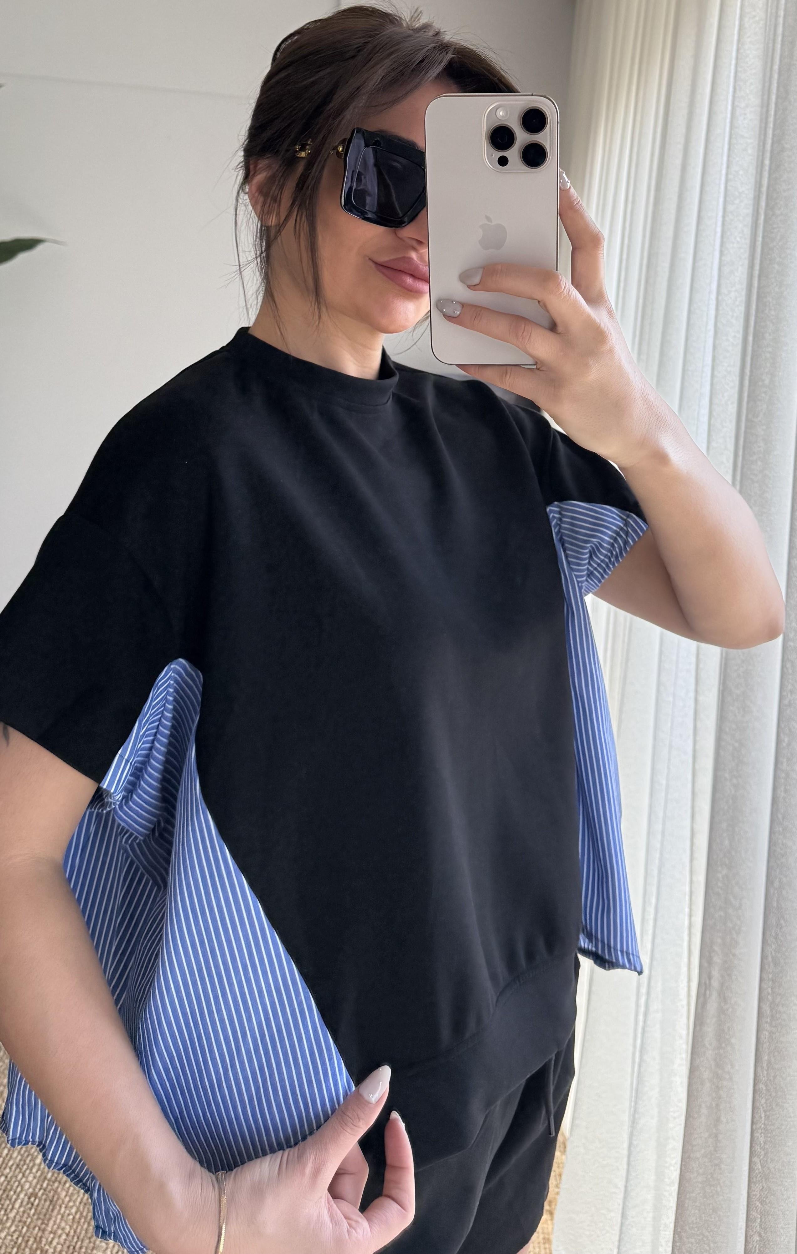 Garnili Oversize  Tişört 2'Lİ Takım Mavi 