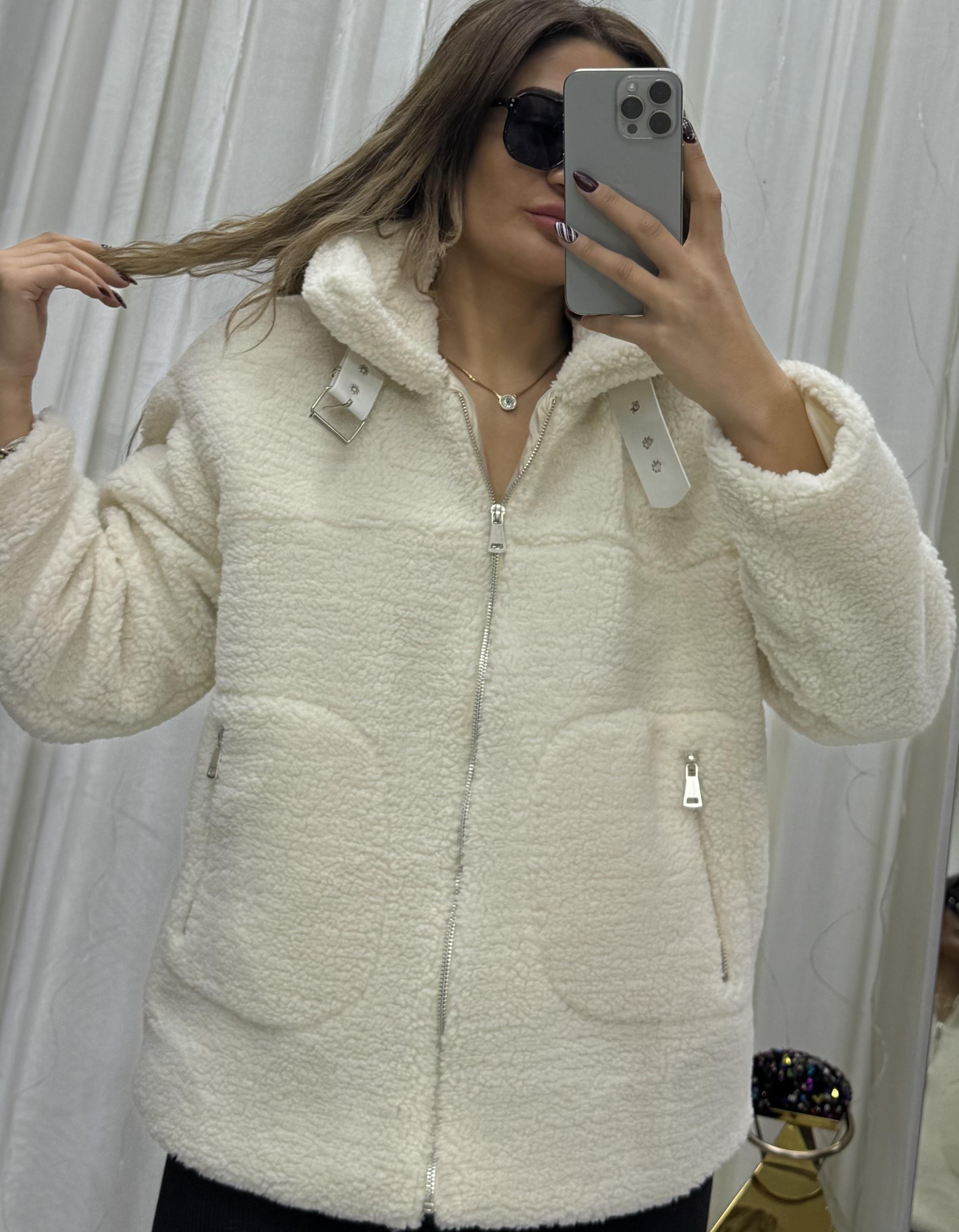 Gömlek Yaka Fermuarlı Çift Cep'li Peluş Ceket Ekru