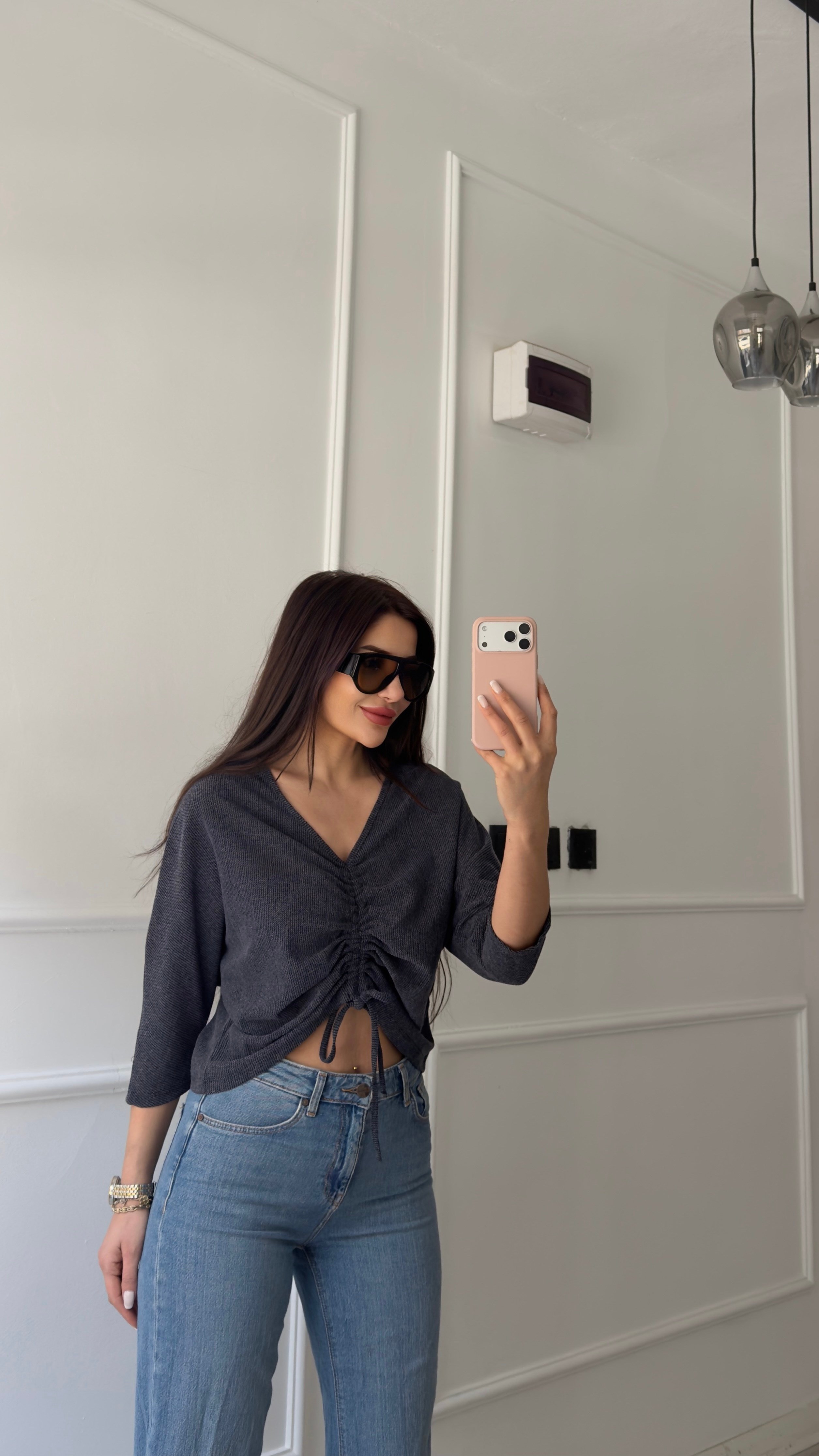 Gri Büzgü Detaylı Oversize Bluz