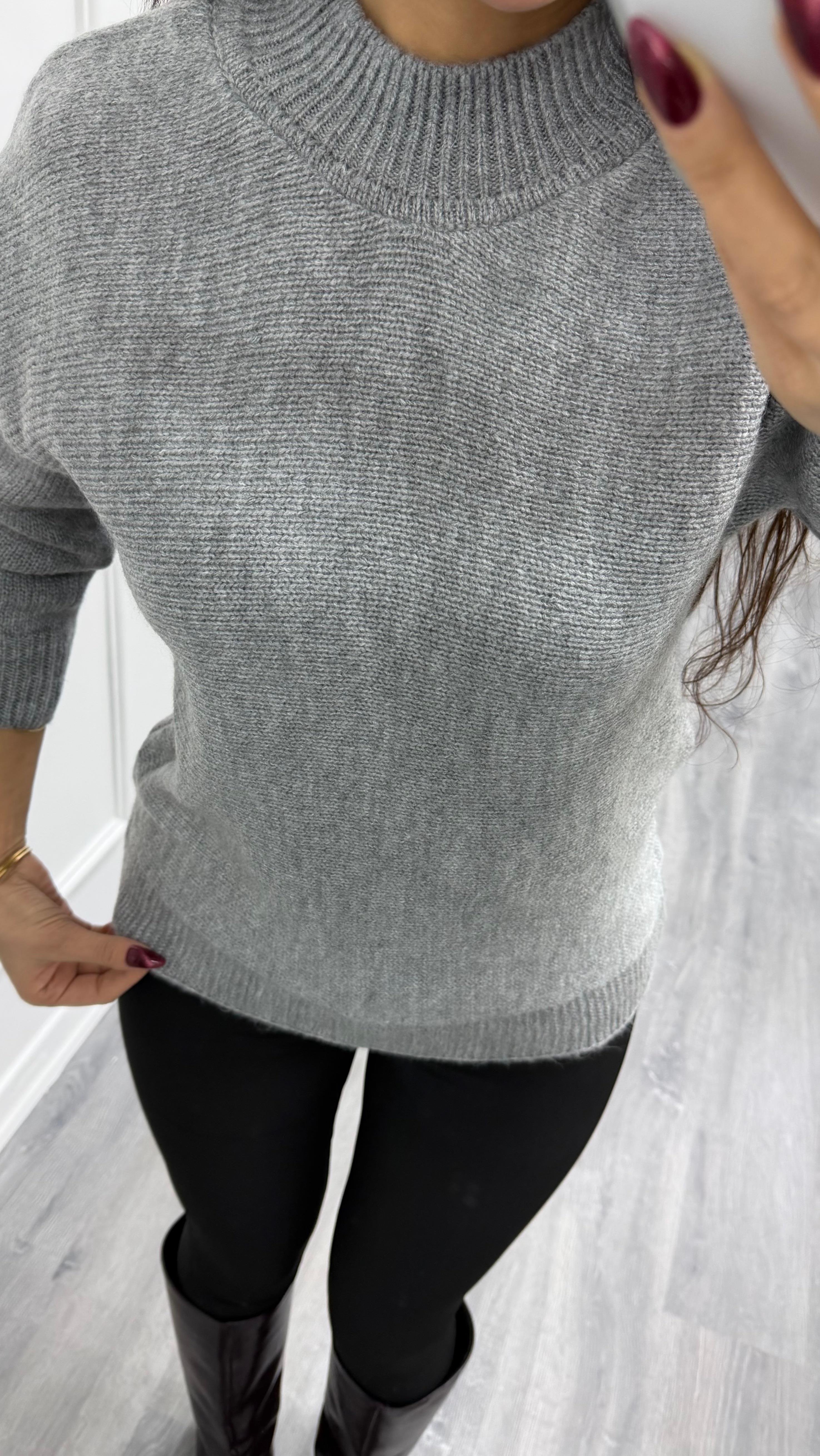 Gri Dik Yaka Loose Fit Triko Kazak