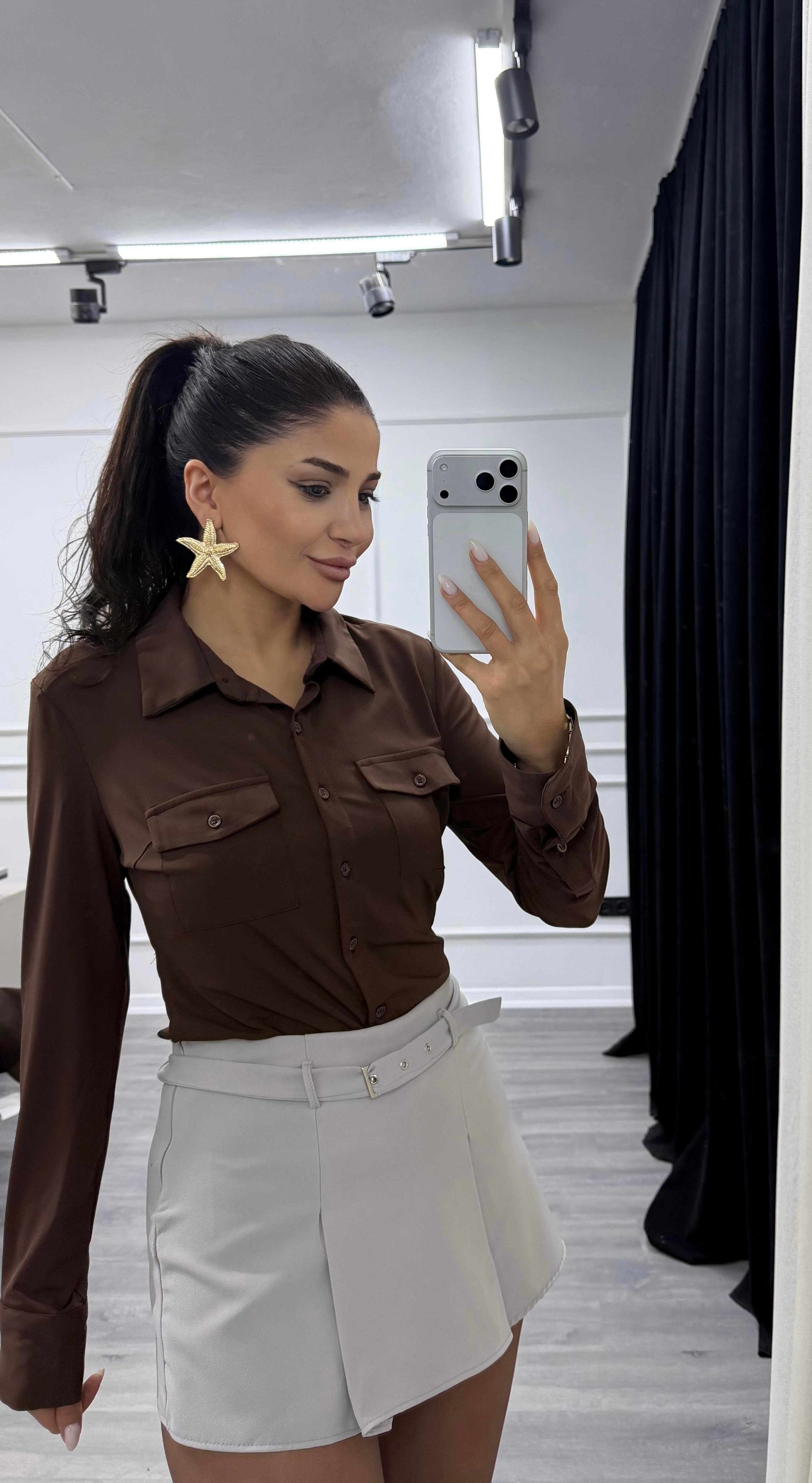 Gri Önden Pileli Kemer Detaylı Şort Etek