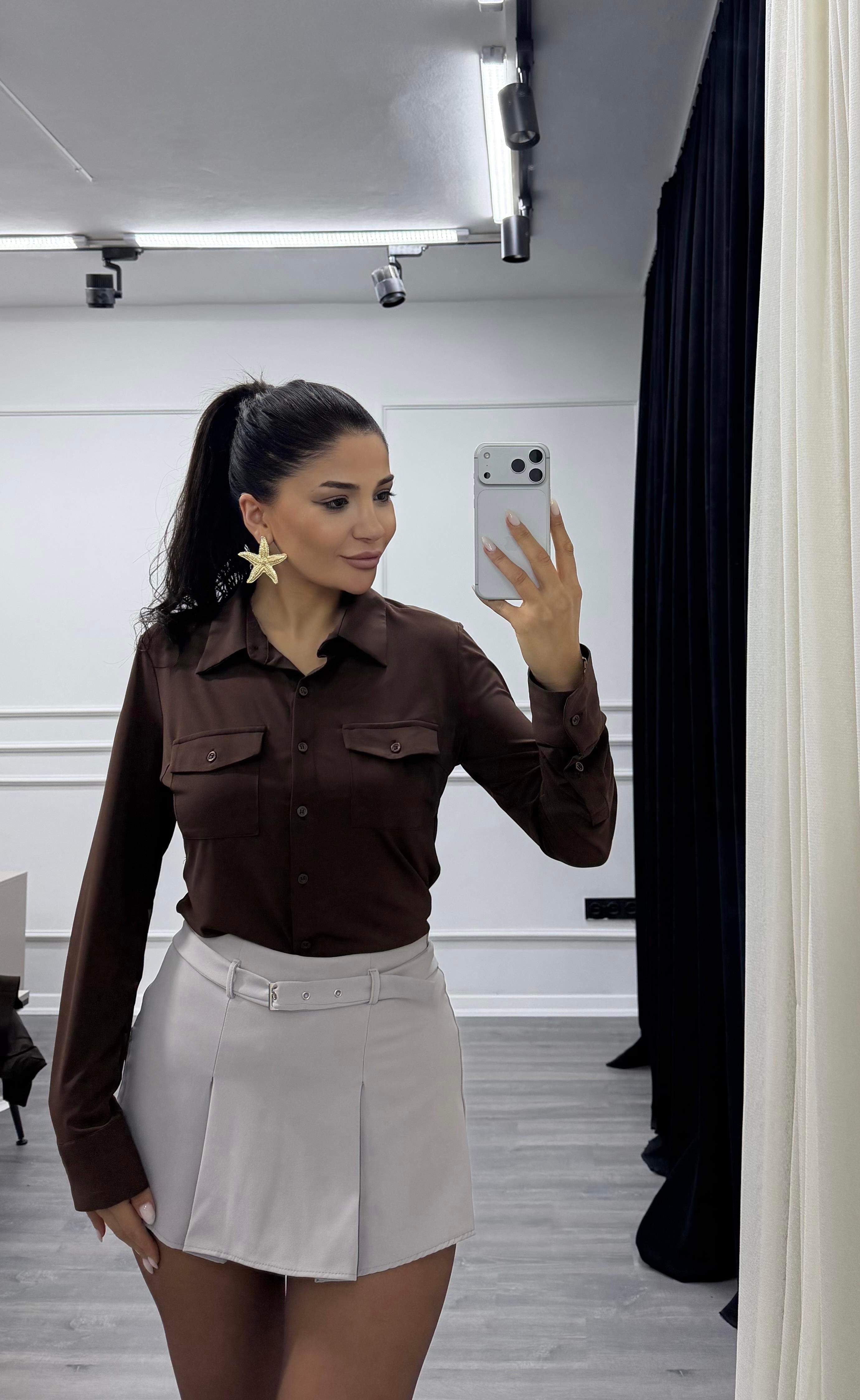 Gri Önden Pileli Kemer Detaylı Şort Etek
