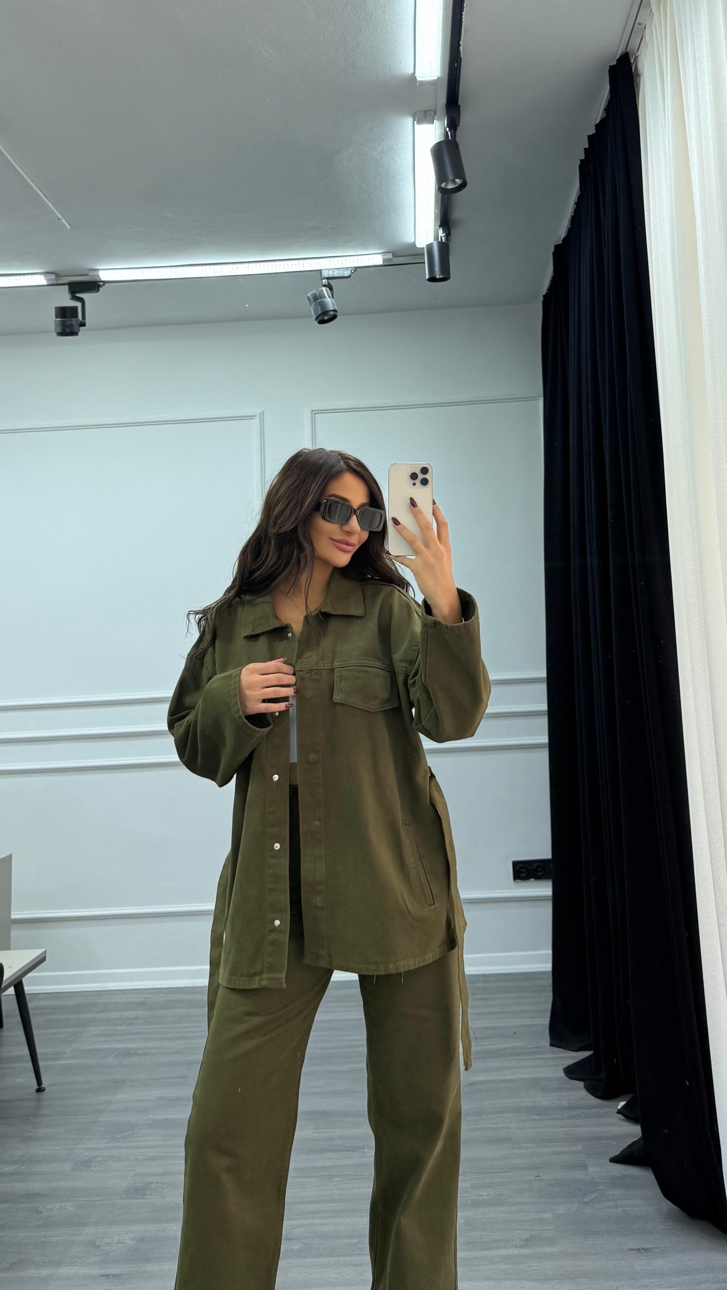 Haki Bağlamalı Ceket ve Pantolon Denim Takım