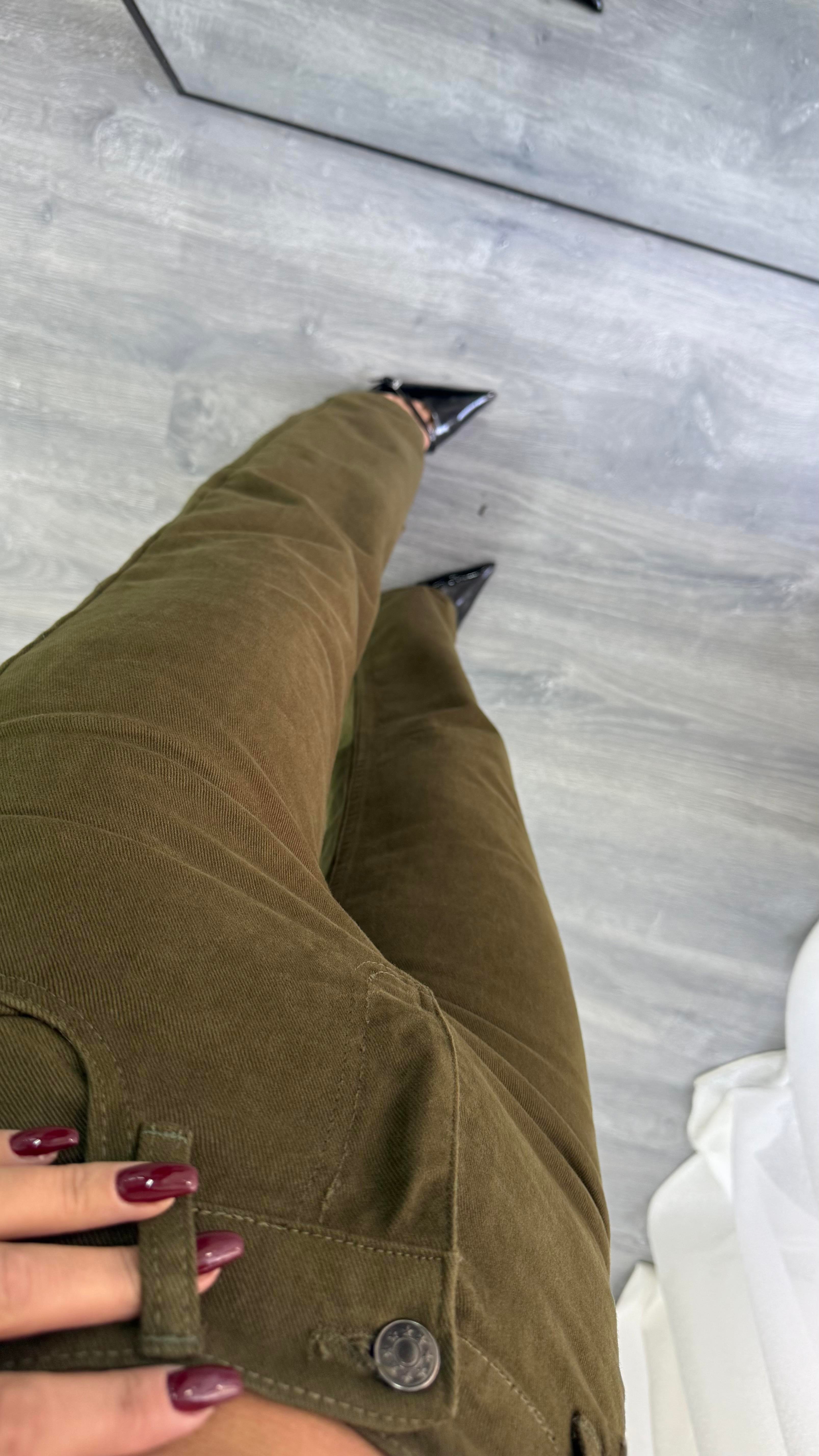 Haki Bağlamalı Ceket ve Pantolon Denim Takım