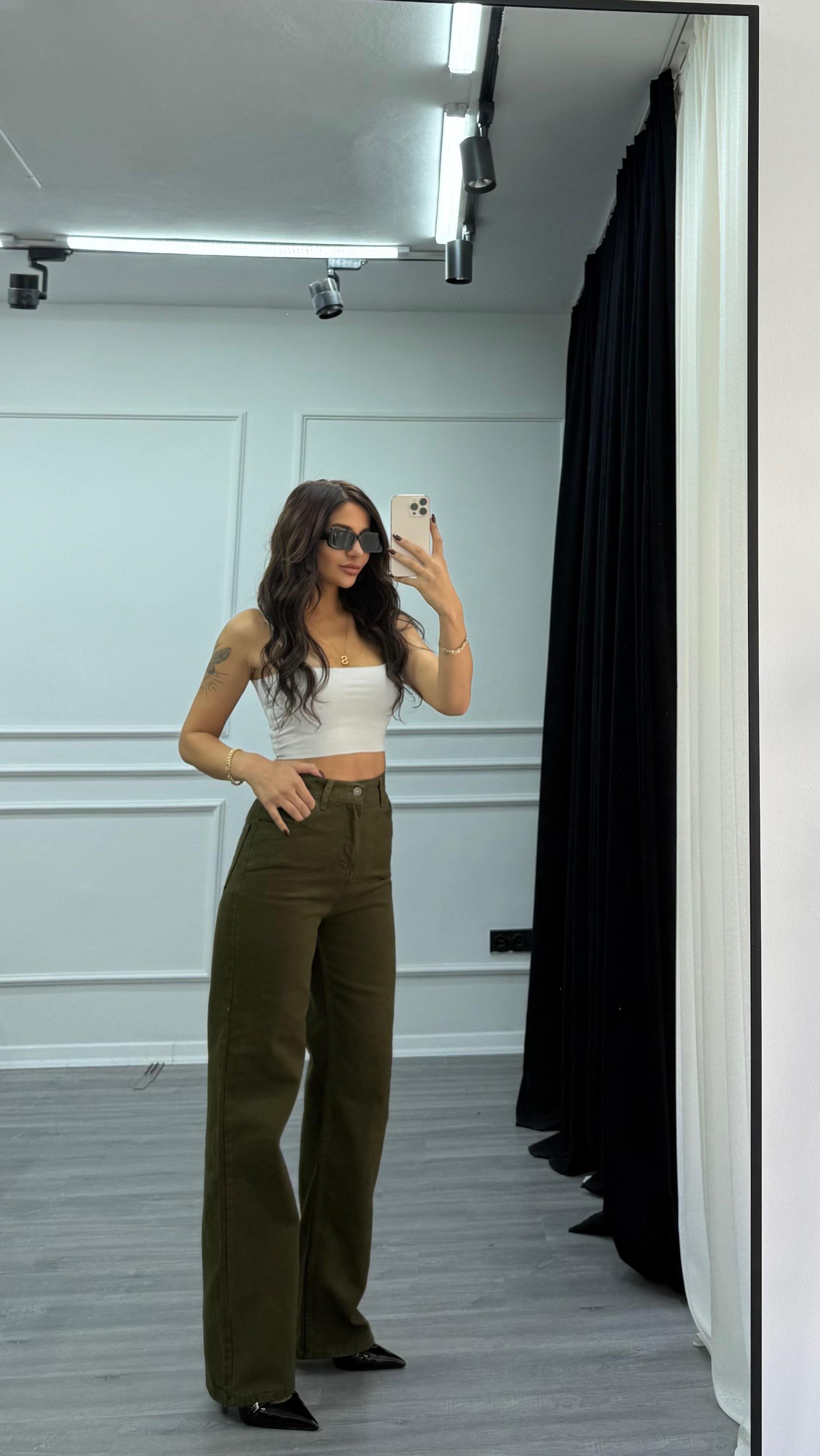 Haki Bağlamalı Ceket ve Pantolon Denim Takım