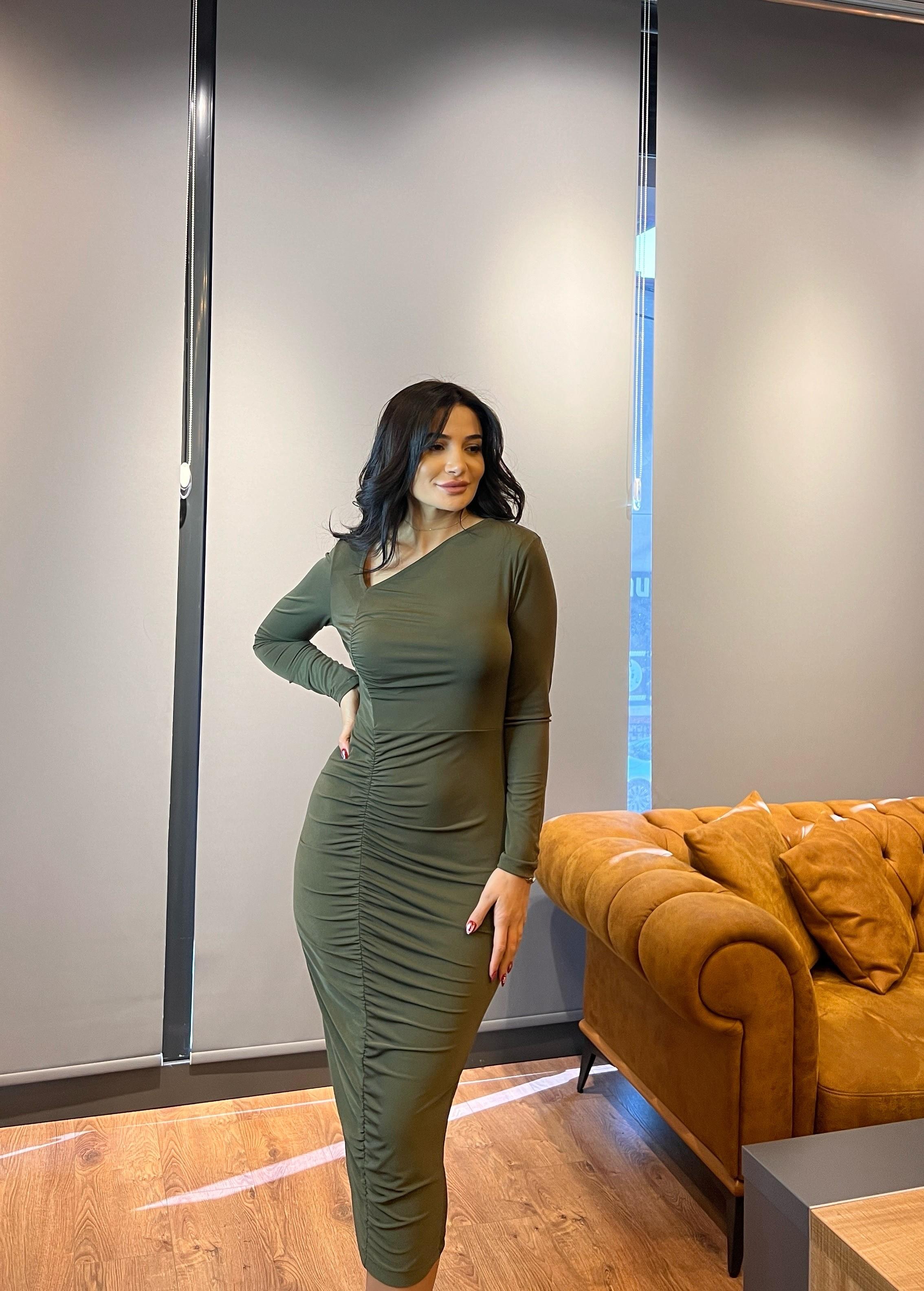 Haki Büzgülü Asimetrik Yaka Midi Örme Elbise