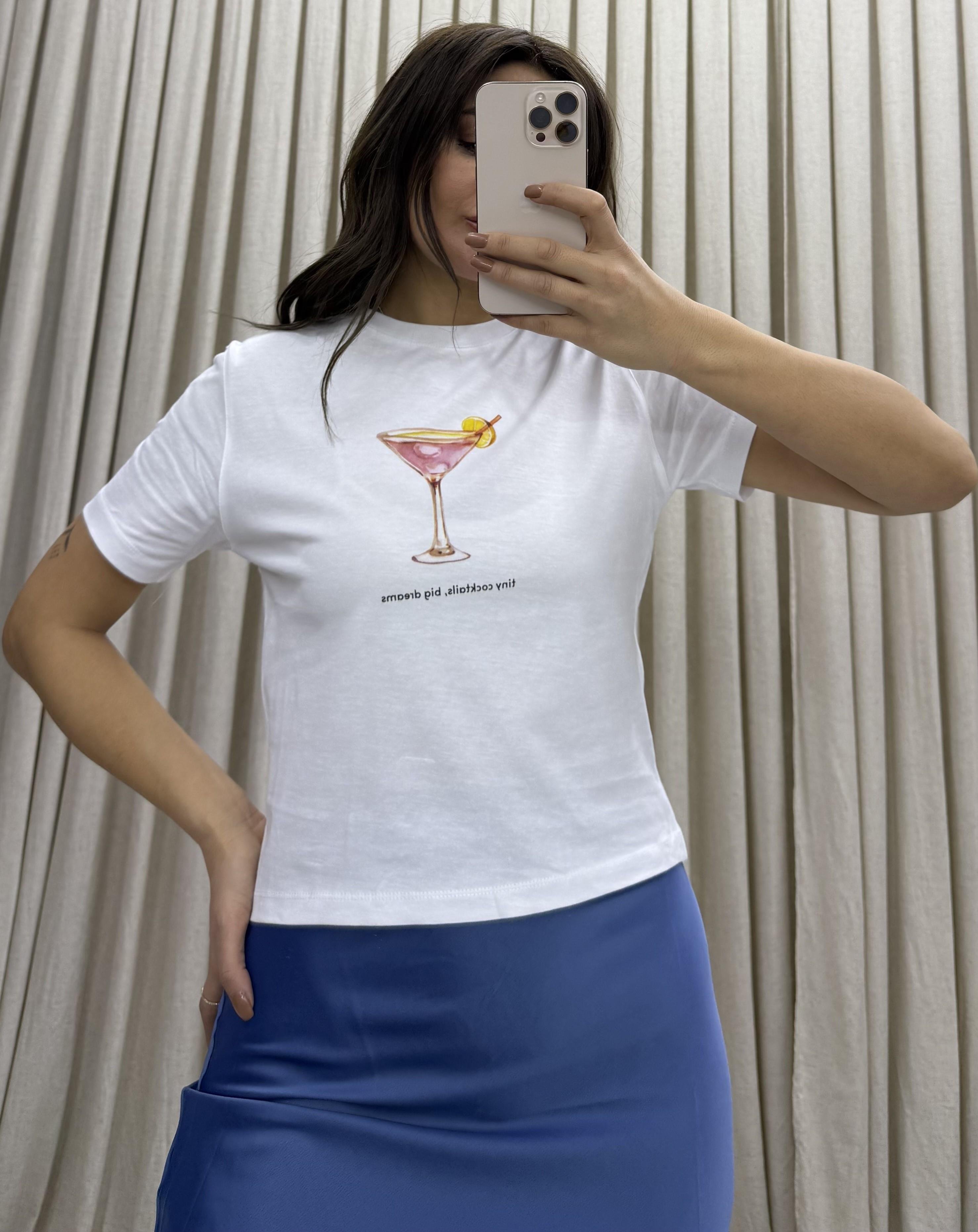 Kadın Cocktail Baskı Desenli Kısa Kollu Organik Pamuklu Bisiklet Yaka Crop Beyaz T-Shirt