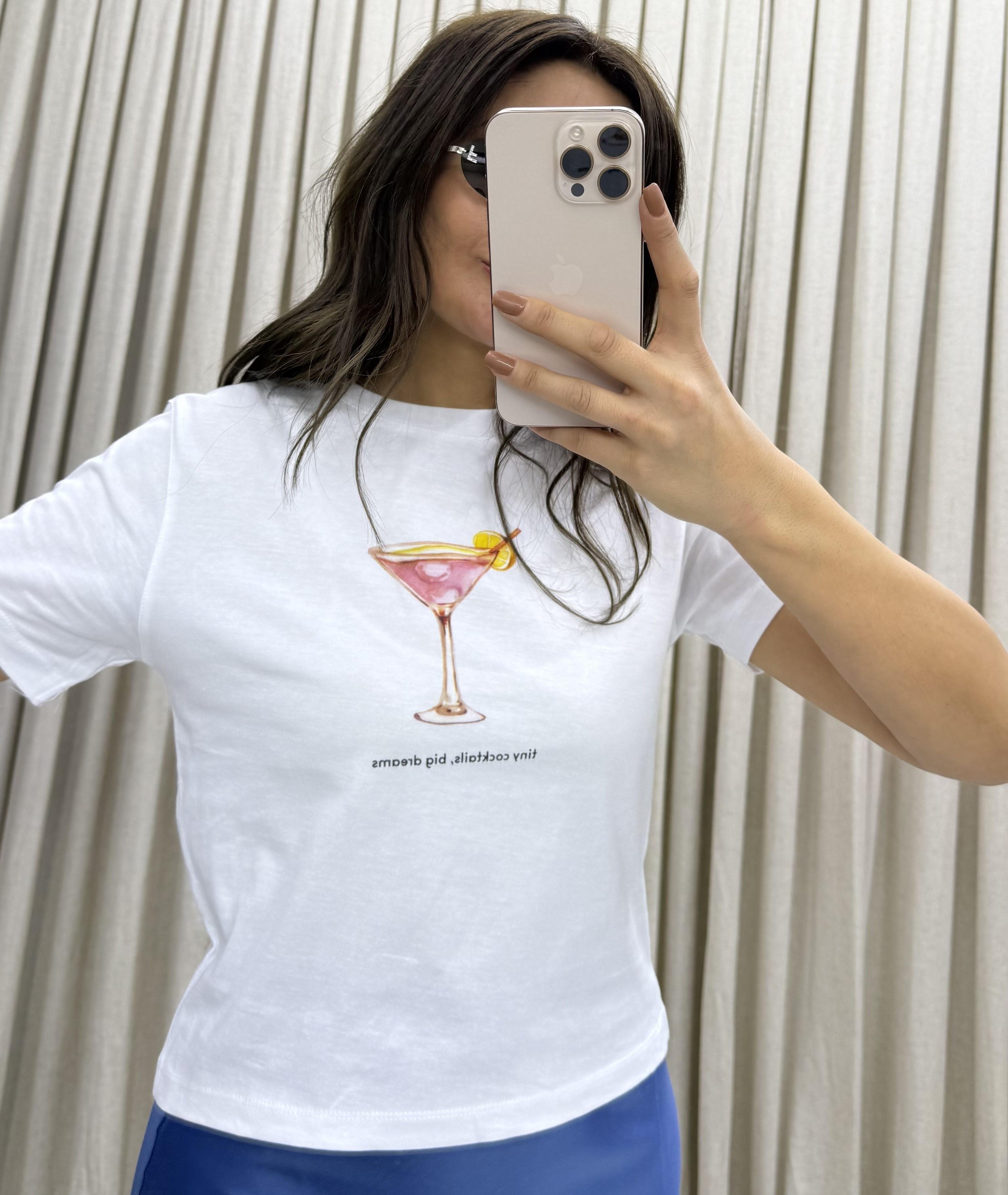 Kadın Cocktail Baskı Desenli Kısa Kollu Organik Pamuklu Bisiklet Yaka Crop Beyaz T-Shirt