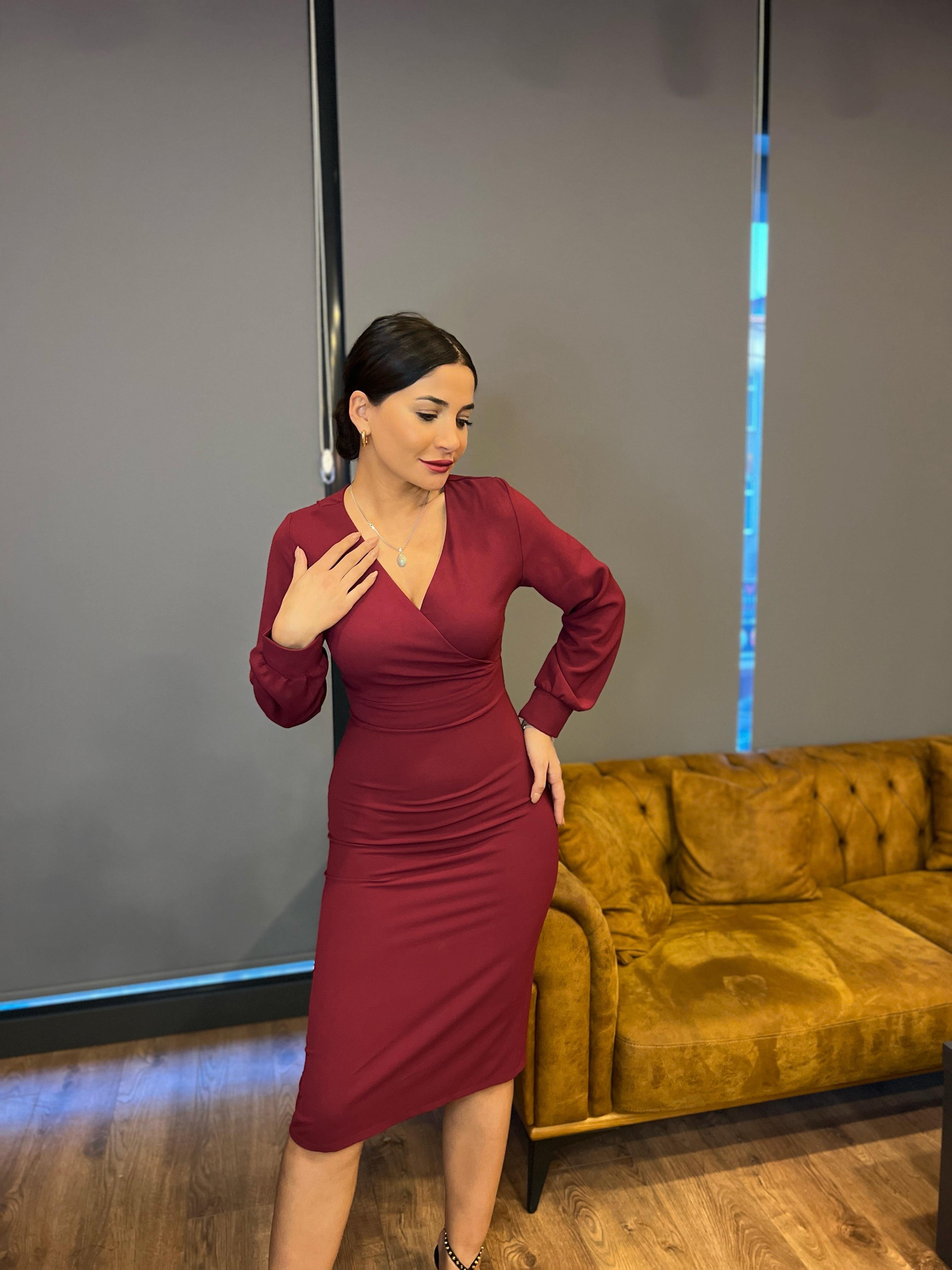 Kadın Krep Kravuze Yaka Midi Boy Bordo Elbise 