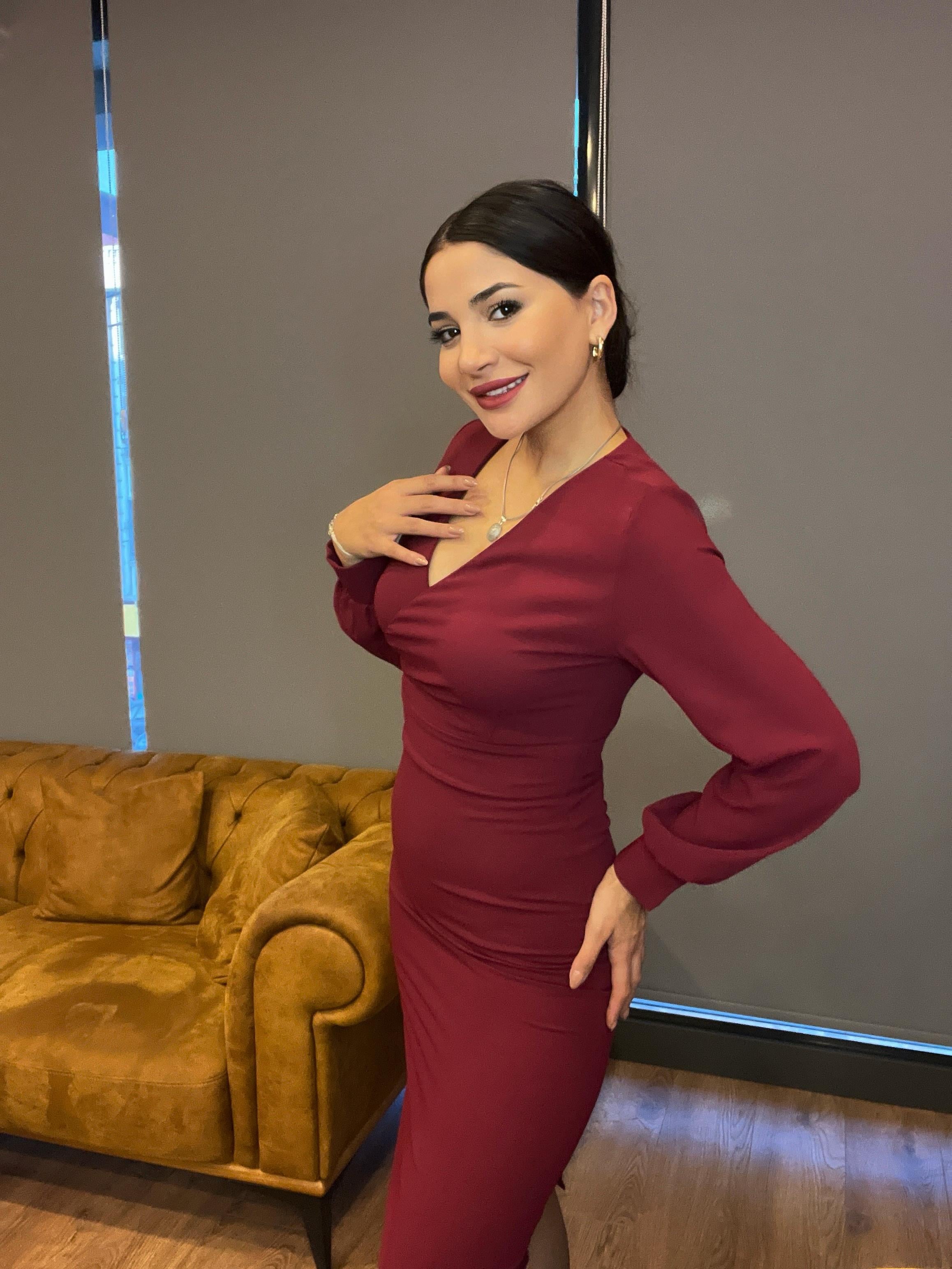 Kadın Krep Kravuze Yaka Midi Boy Bordo Elbise 