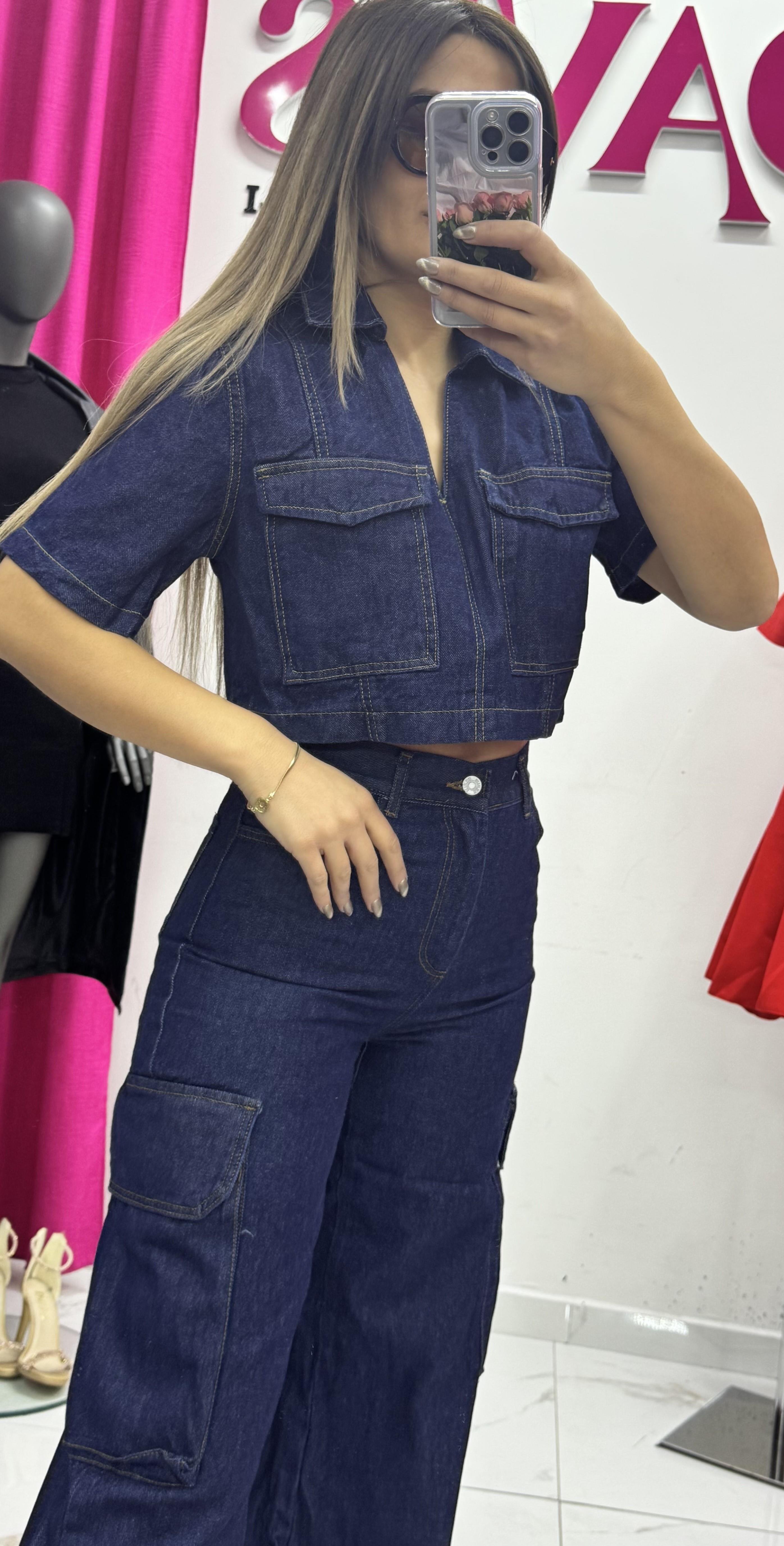 Kadın Yıkamalı Kargo Cep Denim Takım -Lacivert