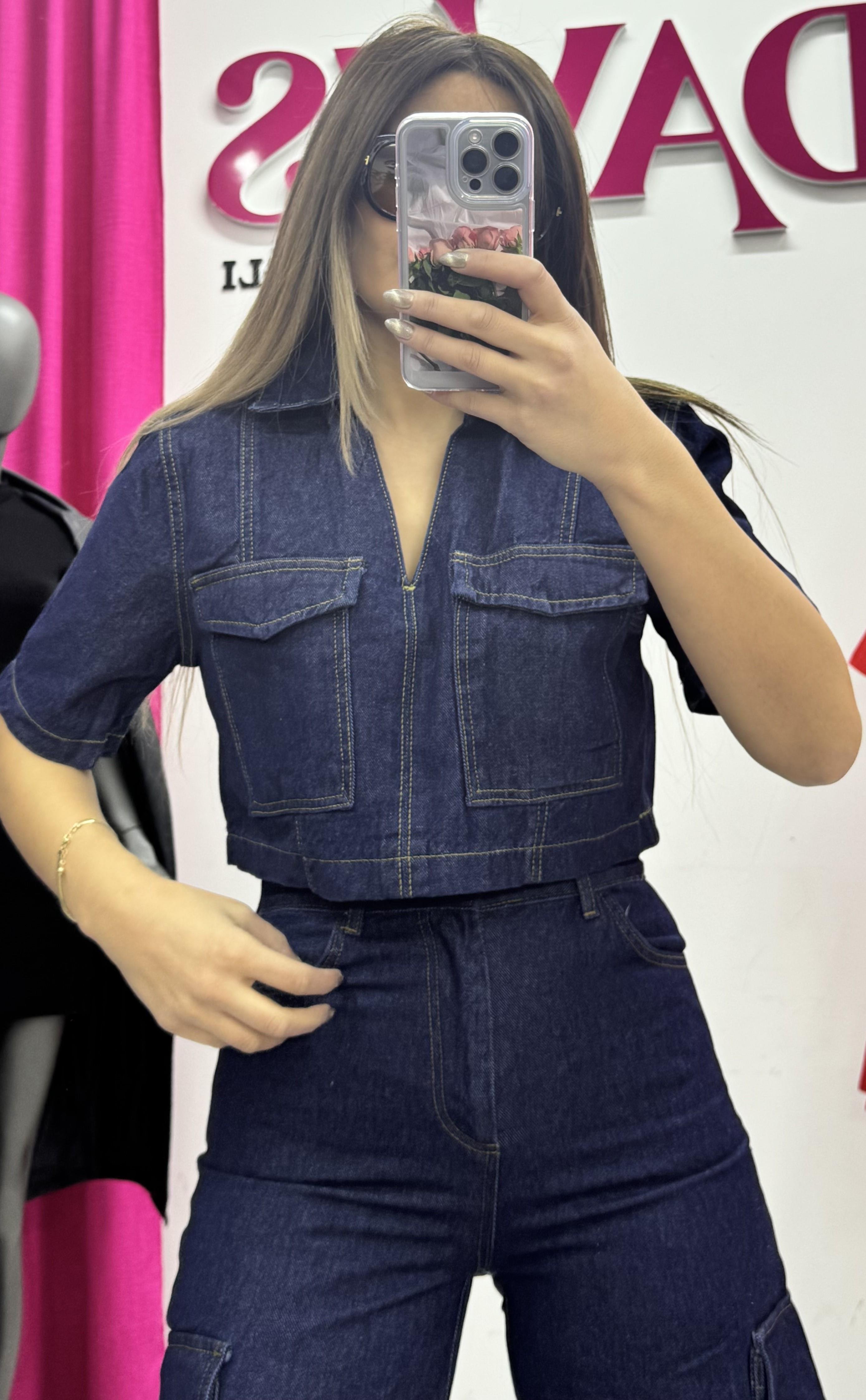 Kadın Yıkamalı Kargo Cep Denim Takım -Lacivert